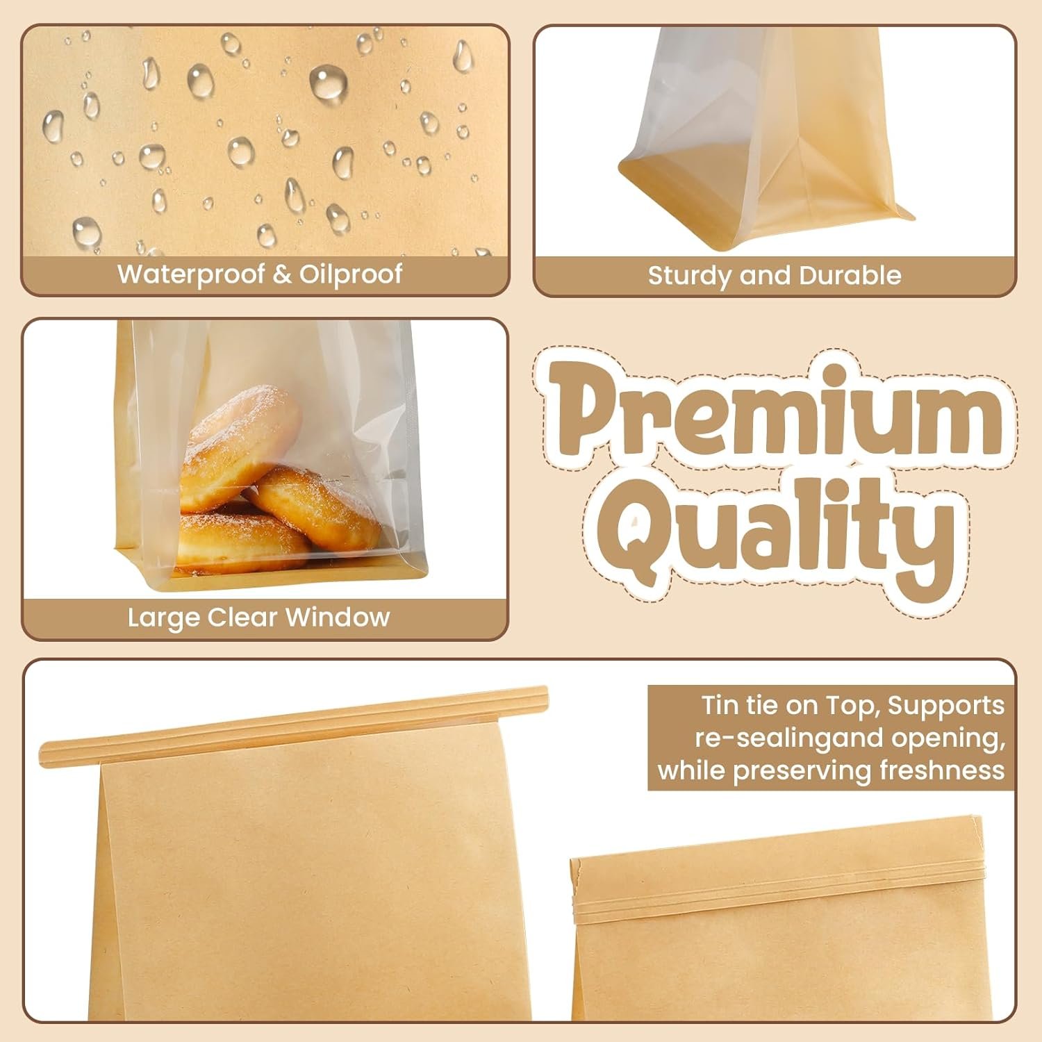 Großhandel 50 Stück wiederverwendbare Bäckereitaschen mit Fenster 11 x 5,1 x 3,9 Zoll, Hersteller für versiegelte Backwarenverpackungen mit Tin Tie und eigenem Logo, Lebensmittelqualität, stehend, für Plätzchen, Brezeln und andere Leckereien.