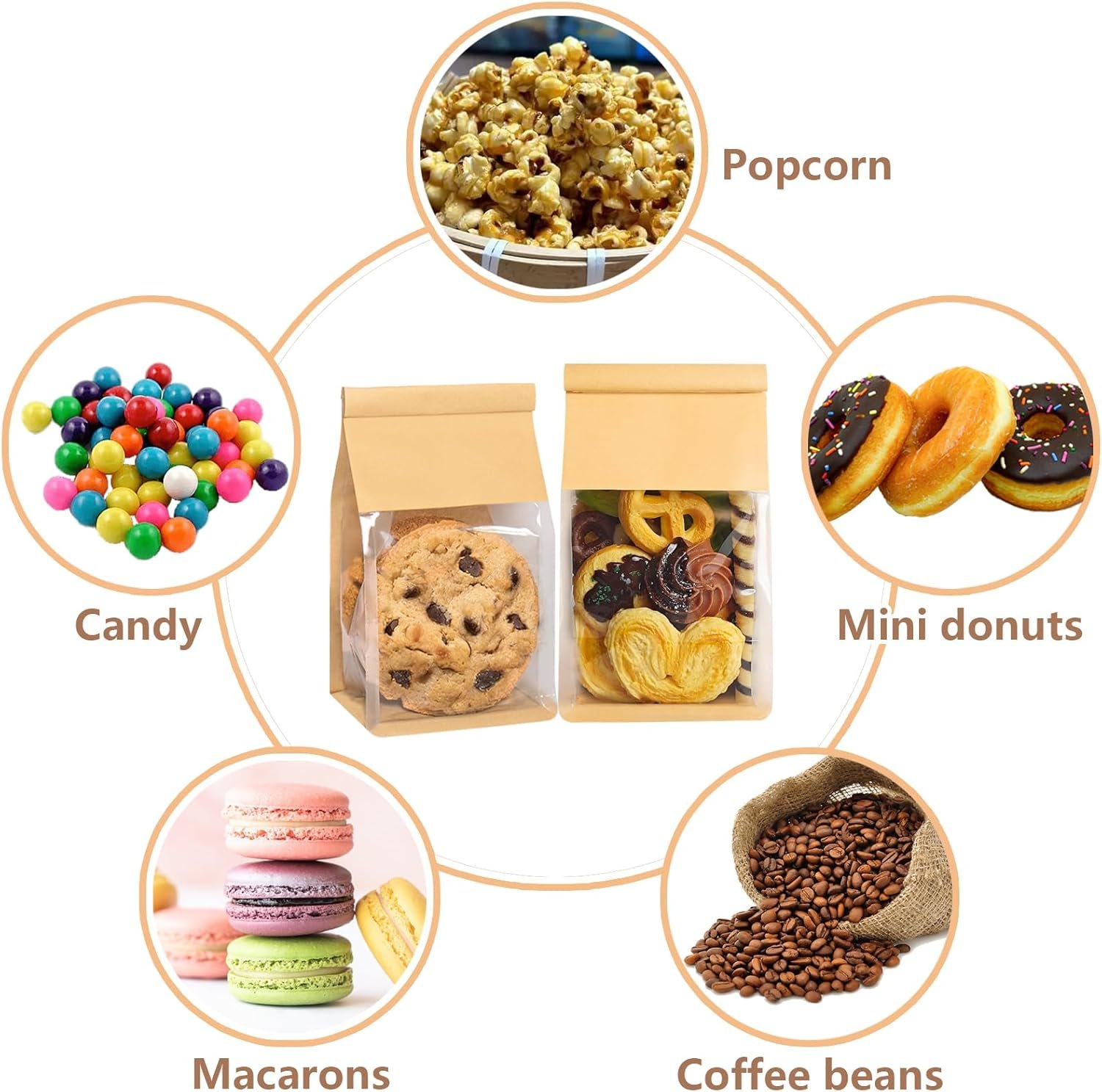 Großhandel 50 Pack Doypack Cookie Tüten mit Fenster 8,2x3,9x3,1 Zoll, resealable Backwaren-Taschen mit Zeltverschluss für Muffins, Granola, Süßigkeiten, Scones, Brownies, Individuelles Logo und 50 Dankeskarten enthalten, Hersteller für Papierverpackungen.