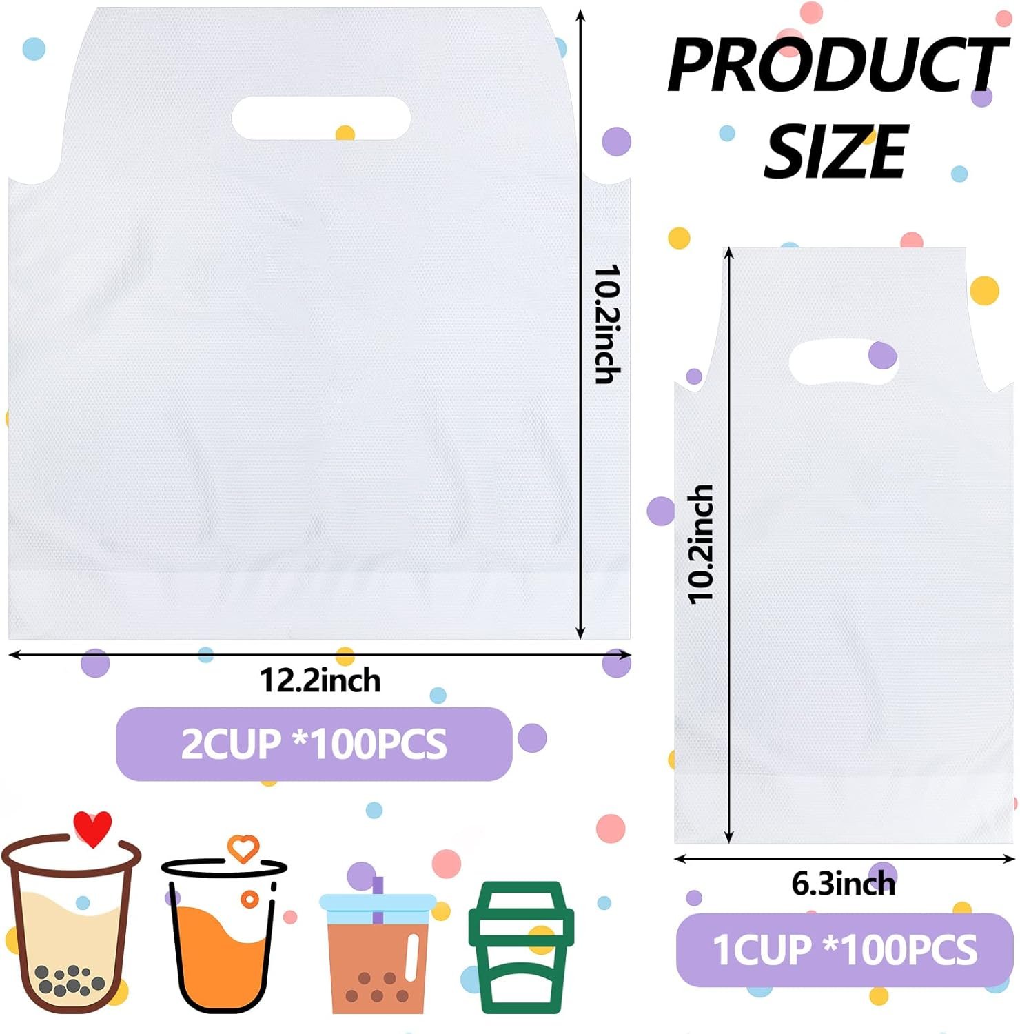 Individuelles Logo Tragetaschen 200 Stück Klarsichtgriff Polybeutel für 2 und 1 Cup, tragbare Becherträger mit Aufhängeloch, 6,3 x 10,2 und 12,2 x 10,2 Zoll, Eigenmarke von Hersteller