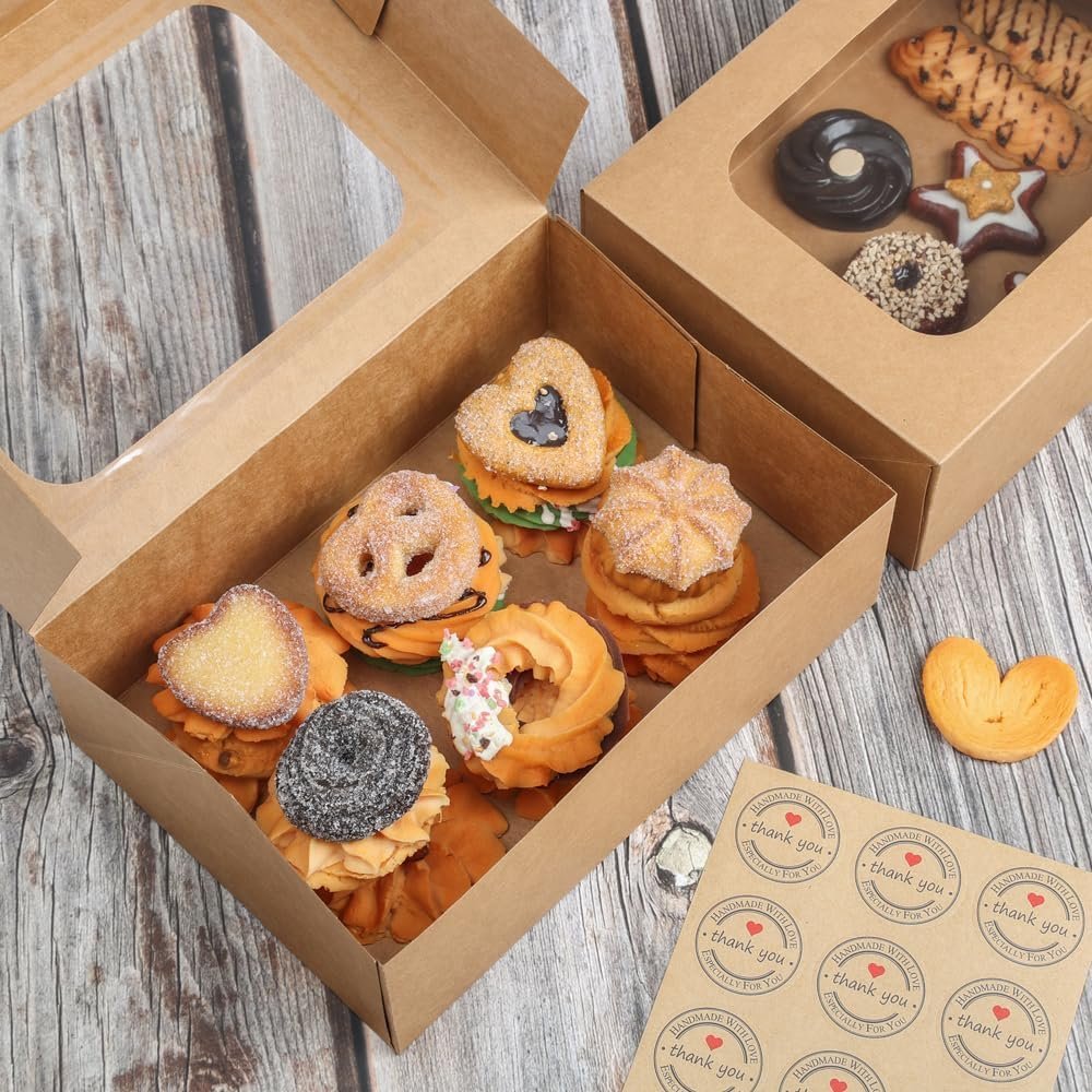 Individuelles Logo 24 Stück Kuchenboxen mit Fenster für Geschenke, braune Bäckerei Geschenkboxen 9 x 6,3 x 3 Zoll, einfache Verpackung für Kekse, Cupcakes, Donuts und Patisserie, Hersteller.