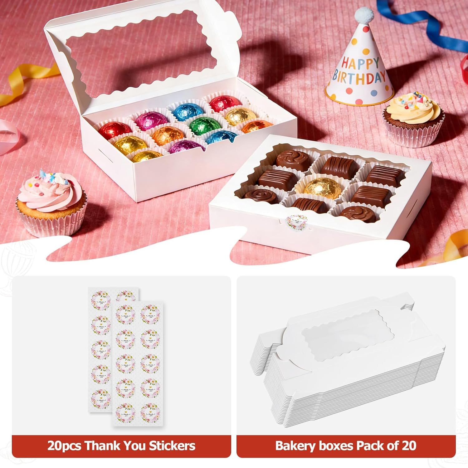Großhandel 20er Set Cookie Boxen mit Fenster, 9x6x2,5 Zoll weiße Verpackungen für Desserts, Leckereien, Gebäck, Donuts, Schokoladenüberzogene Erdbeeren - Baked Goods Packaging für individuelles Logo und OEM