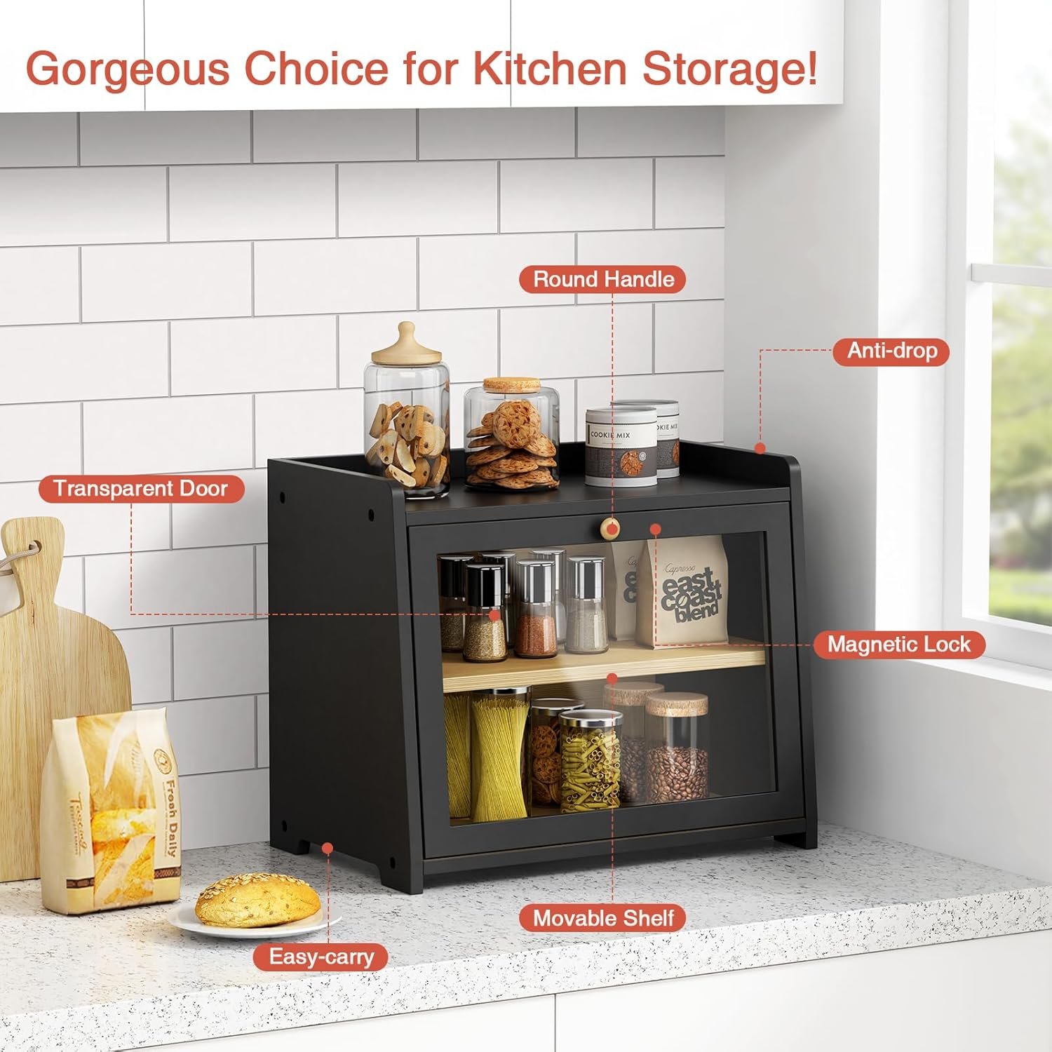 Großhandel großer Brotkasten für die Küchenablage, 2-lagiger Holz-Brotbehälter im Vintage-Farmhouse-Stil für selbstgebackenes Brot, individuelles Logo, Hersteller, ideal für Ecke, Schrank, Vorratsraum (schwarz)