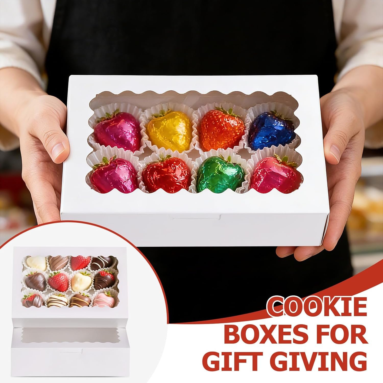 Großhandel 20er Set Cookie Boxen mit Fenster, 9x6x2,5 Zoll weiße Verpackungen für Desserts, Leckereien, Gebäck, Donuts, Schokoladenüberzogene Erdbeeren - Baked Goods Packaging für individuelles Logo und OEM