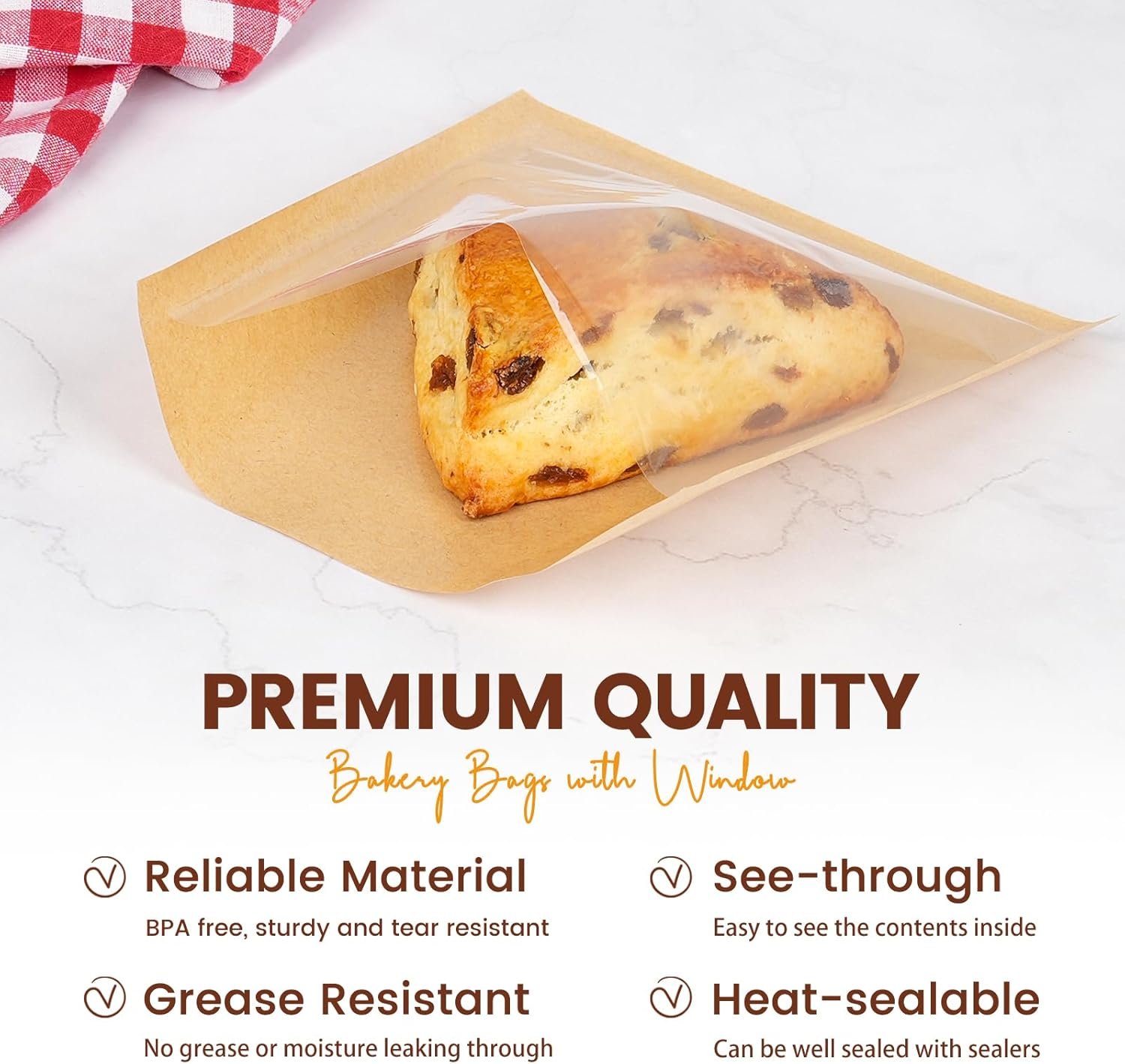 Individuelles Logo für 100 Stück Cookie-Verpackungsbeutel mit Siegel, 5,7x6,5 Zoll Papier-Bäckereitaschen mit Fenster, hitzeneilbar und fettdicht für Mitnahme, Backverkauf, Donuts, Kuchenschnitten, Scones, Brownies, Hersteller.