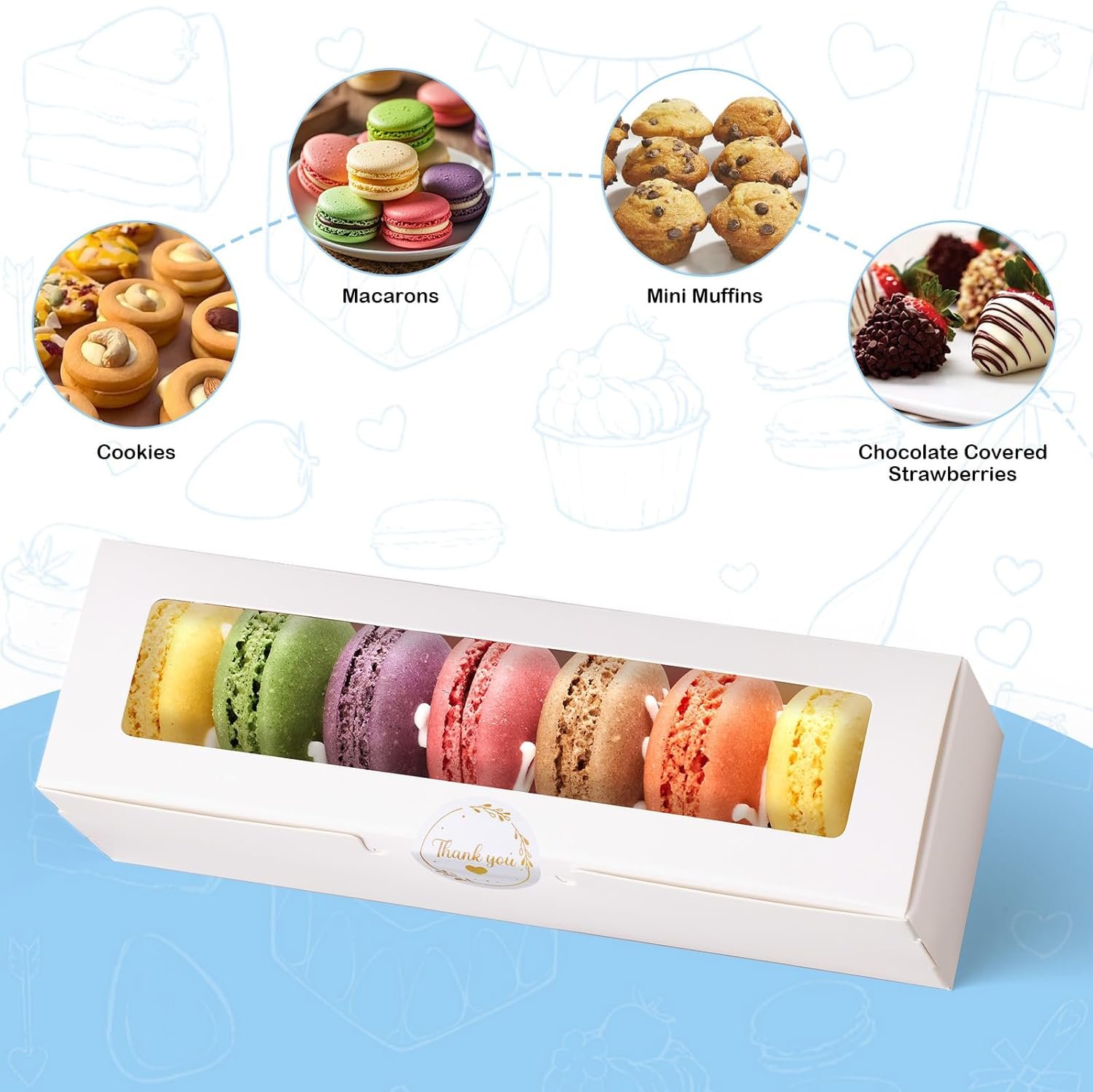 Großhandel 20er Pack Macaronboxen mit Fenster - 7,3x2x2 in Verpackungsbehältern für 6-8 Stück, kleine Keks-, Süßigkeits- und Trüffelboxen für Geschenke, individuell bedruckbar, direkt vom Hersteller