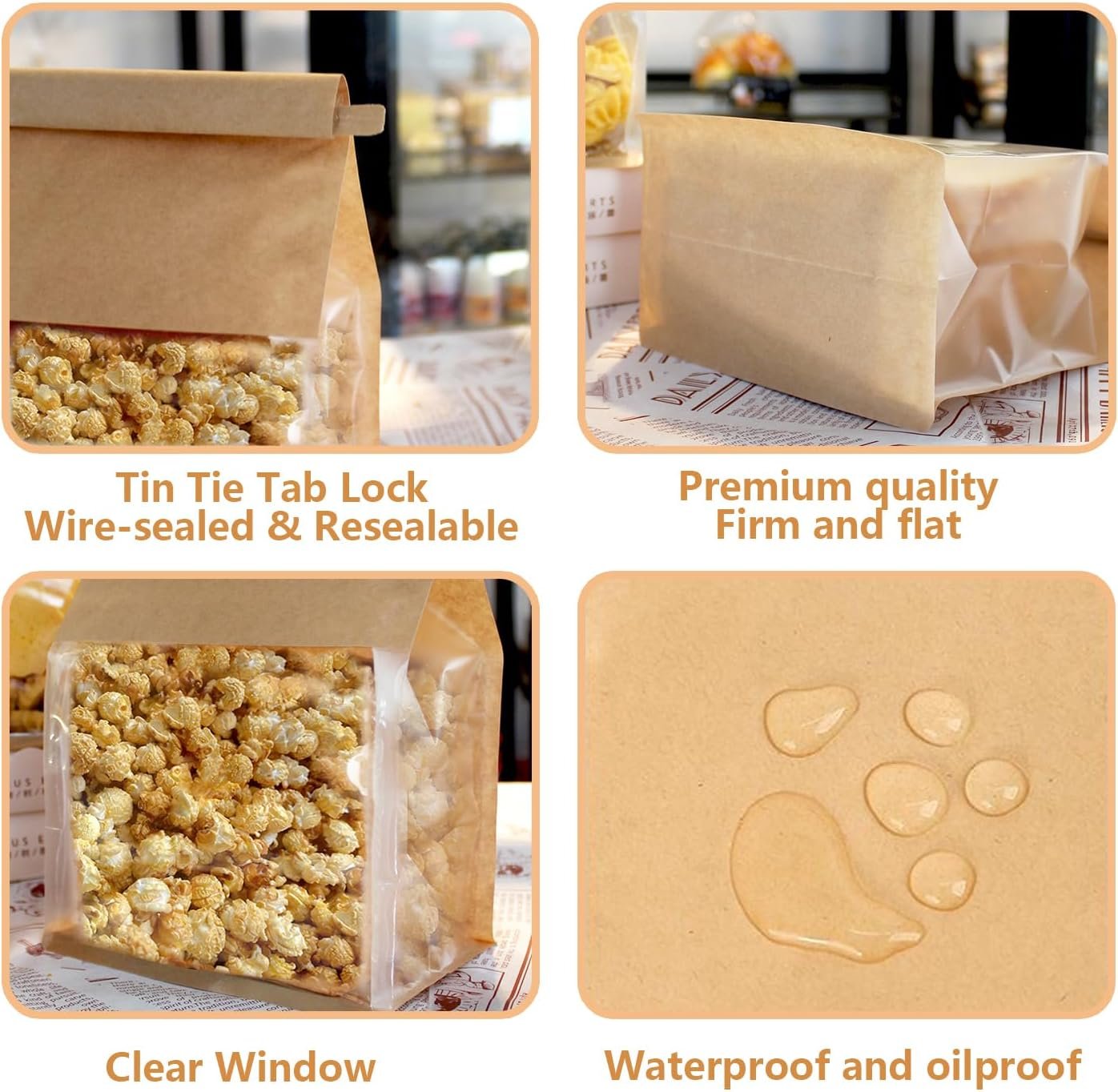 Großhandel 50 Pack Doypack Cookie Tüten mit Fenster 8,2x3,9x3,1 Zoll, resealable Backwaren-Taschen mit Zeltverschluss für Muffins, Granola, Süßigkeiten, Scones, Brownies, Individuelles Logo und 50 Dankeskarten enthalten, Hersteller für Papierverpackungen.