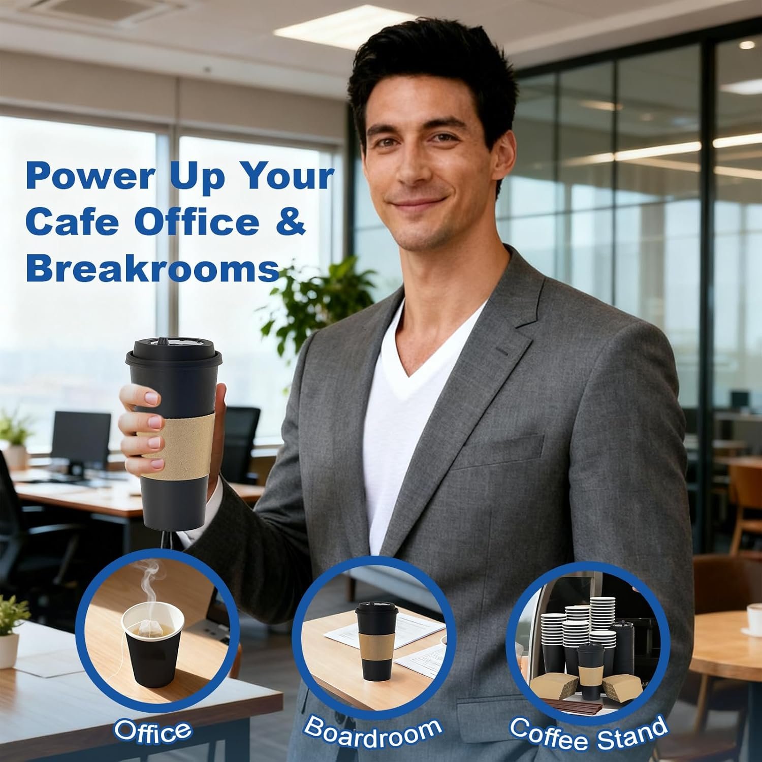 Großhandel 16 oz Pappbecher mit Deckeln und Hüllen, Strohhalmen, heiß, für unterwegs, Bulk für Büro und Zuhause, individuelles Logo, Zubehör für Kaffeebar, Schokolade, Kakao, Getränke (Schwarz), Hersteller