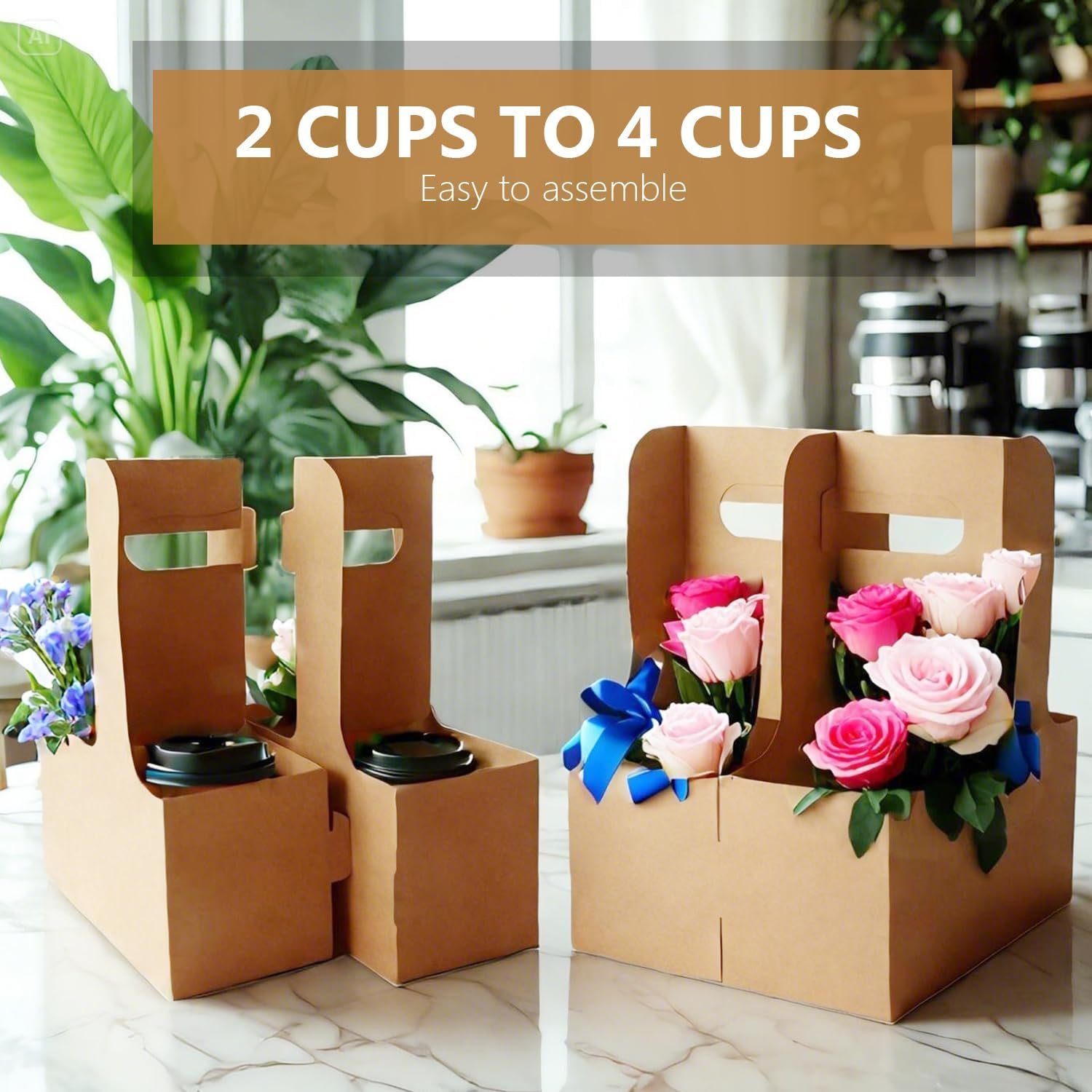 Großhandel 100 Stück 2-Cup/4-Cup Getränketräger mit Griff (12-30oz) | Faltbare Papier-Trinkhalter für heiße/kalte Getränke, Kaffee zum Mitnehmen, Lieferung & Takeout | Individuelles Logo, OEM