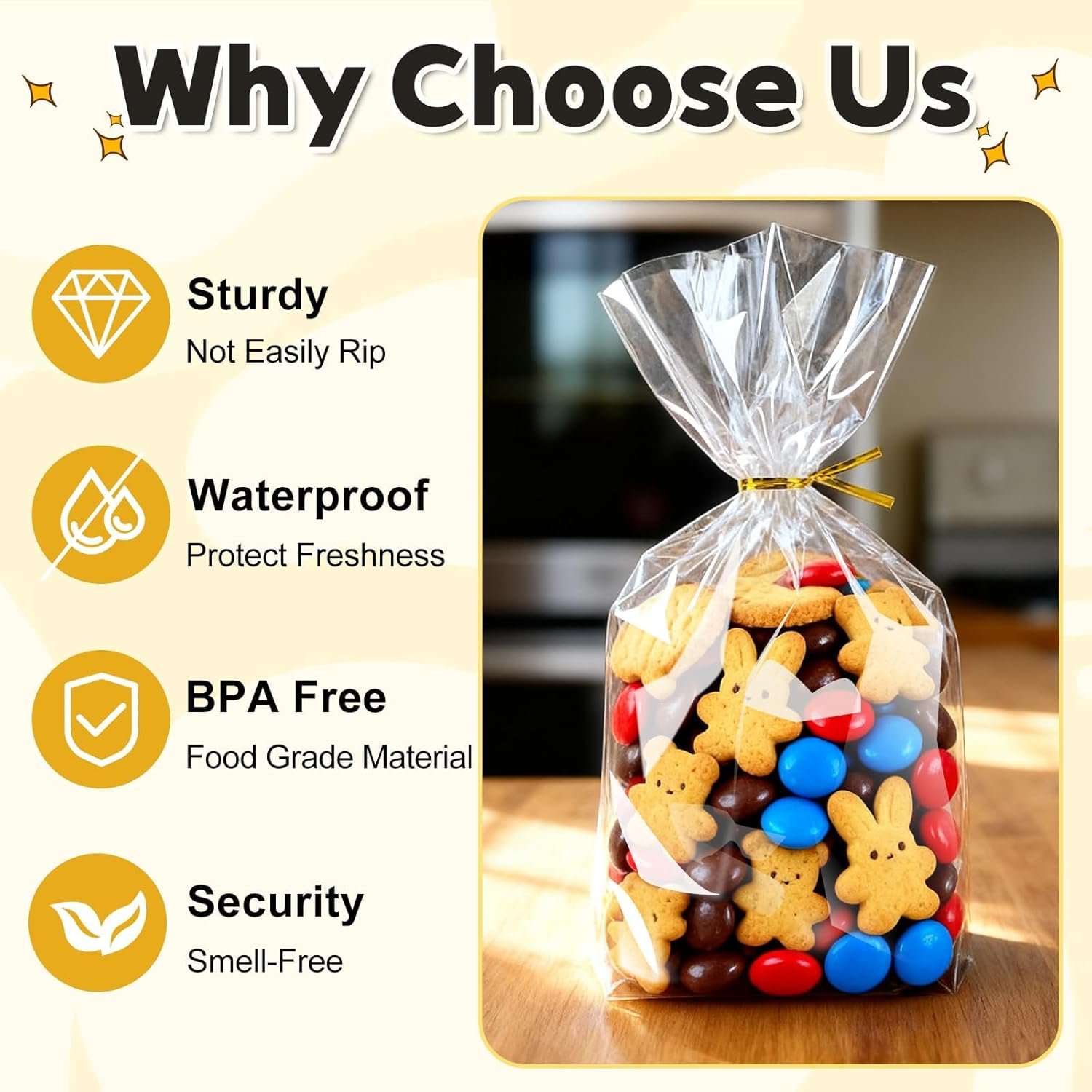 Großhandel Cellophane Treat Bags 6x9 Inch, 50 Pack klare Goodie Bags mit Bodenfalten für Stand-Up Display, kleine Plastiktüten für Cookies, Süßigkeiten, Partygeschenke, Popcorn, individuelles Logo, inklusive 50 goldene Bänder.