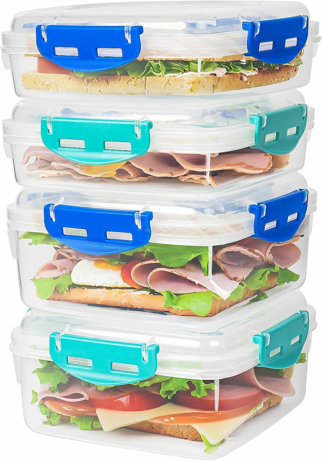 Individuelles Logo Sandwichbehälter 4 Stück - 100% luftdicht, BPA-frei, mikrowellen- und spülmaschinengeeignet mit verbesserten Schnappverschlüssen, 2 erhöhte Behälter für Lunchboxen und 2 normale Versionen vom Hersteller.