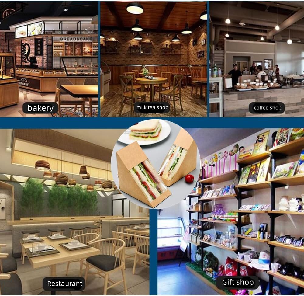 Großhandel Kraftpapier Sandwichboxen mit Fenster, 50 Stk. Wedge-Box Einweg-Container für Charcuterie und Sushi, individuelle Gestaltung mit Logo für Bäckerei und Restaurant-Service (Braun)