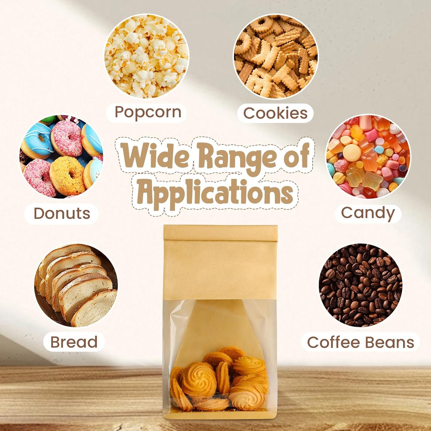 Großhandel 50 Stück wiederverwendbare Bäckereitaschen mit Fenster 11 x 5,1 x 3,9 Zoll, Hersteller für versiegelte Backwarenverpackungen mit Tin Tie und eigenem Logo, Lebensmittelqualität, stehend, für Plätzchen, Brezeln und andere Leckereien.