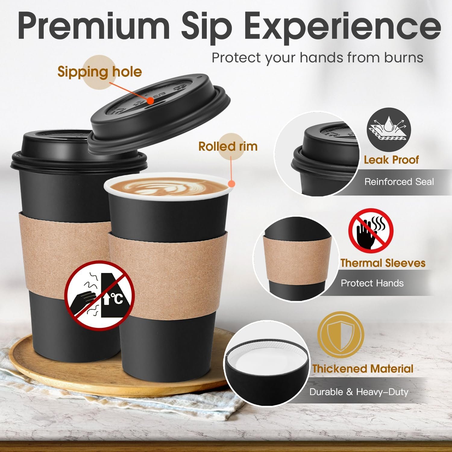 Individuelles Logo für 100 Stück Einweg-Kaffeebecher mit Deckeln und Hitzeschutz, 16 oz, To Go Schwarze Papierbecher für Zuhause, Cafés und Kaffee-Bar Zubehör, Hersteller.