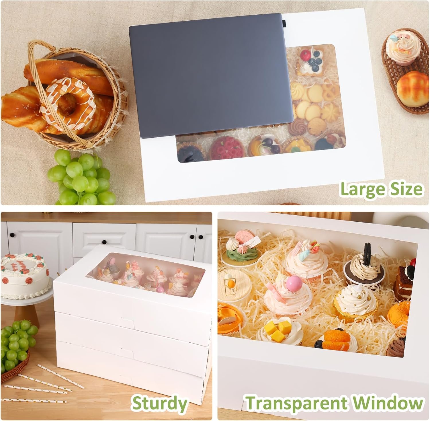 Großhandel 10 Stück 19x14x4 Zoll Halbblatt Kuchenboxen mit Fenster, individuelle Logos für die Verpackung von Gebäck, Donuts, Cupcakes und Torten, Hersteller für Bulk-Bestellungen.