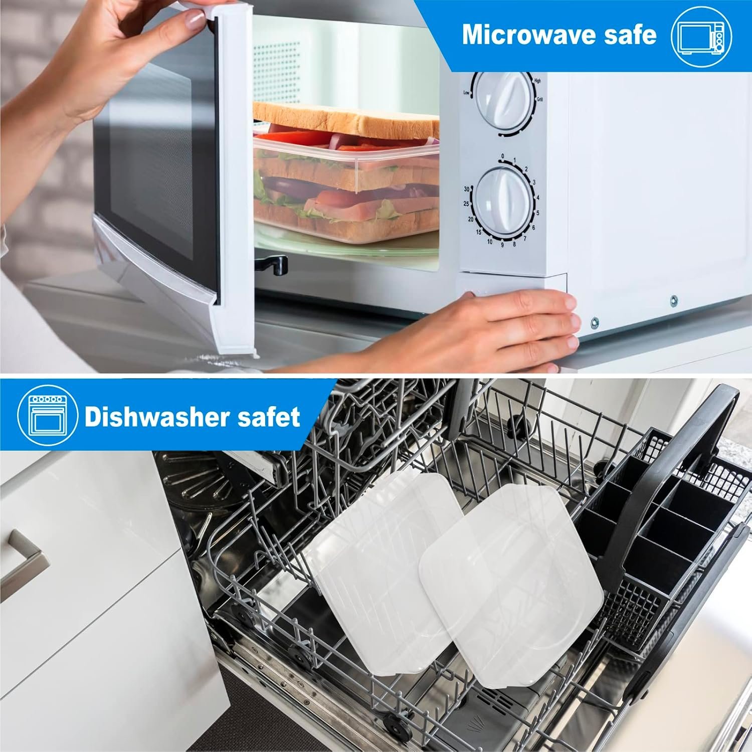 Individuelles Logo Sandwichbehälter 4 Stück - 100% luftdicht, BPA-frei, mikrowellen- und spülmaschinengeeignet mit verbesserten Schnappverschlüssen, 2 erhöhte Behälter für Lunchboxen und 2 normale Versionen vom Hersteller.