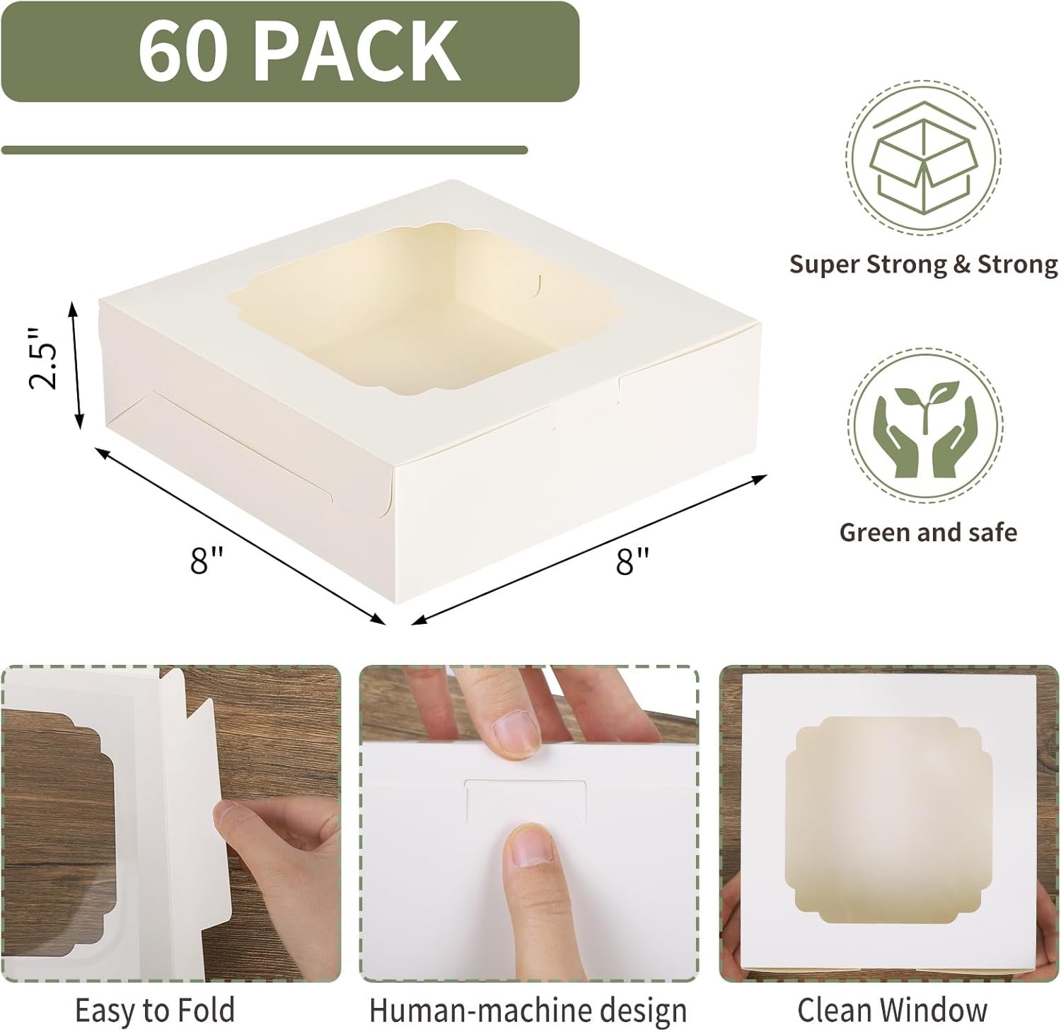 Individuelles Logo für 60 Stück Keksschachteln 8x8x2,5 Zoll mit zwei Fensterdesigns für Schokolade, Erdbeeren, Torte, Gebäck, Dessert, Kuchen vom Hersteller.