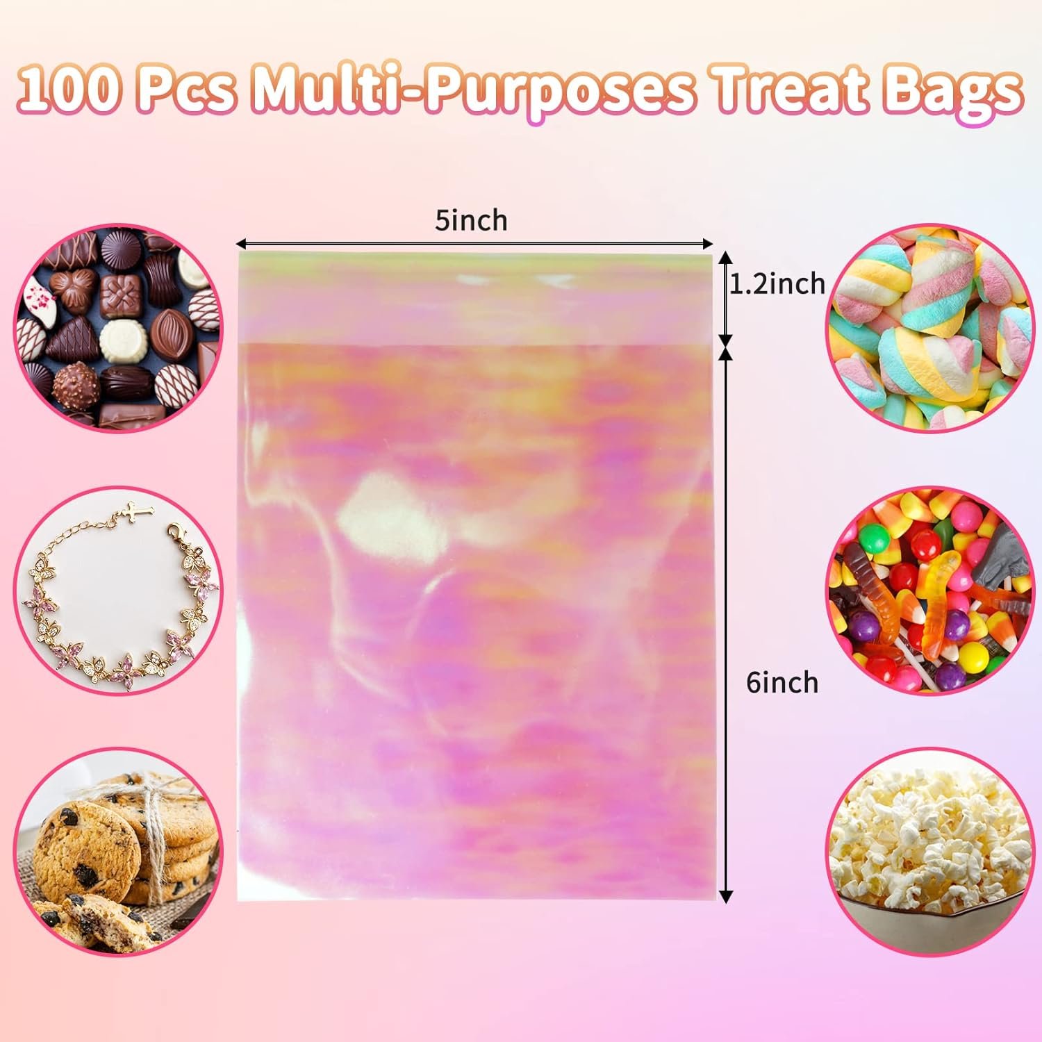 Großhandel 100 Stück 5x6 Zoll irideszente holografische selbstklebende Zellophan-Tüten für Kekse, einzigartiges Logo, Resealable Einzel-Kekstüten für Geschenkverpackungen, Valentinstags Süßigkeitenverpackung, Hersteller und Lieferant von Goodie-Wrappers.