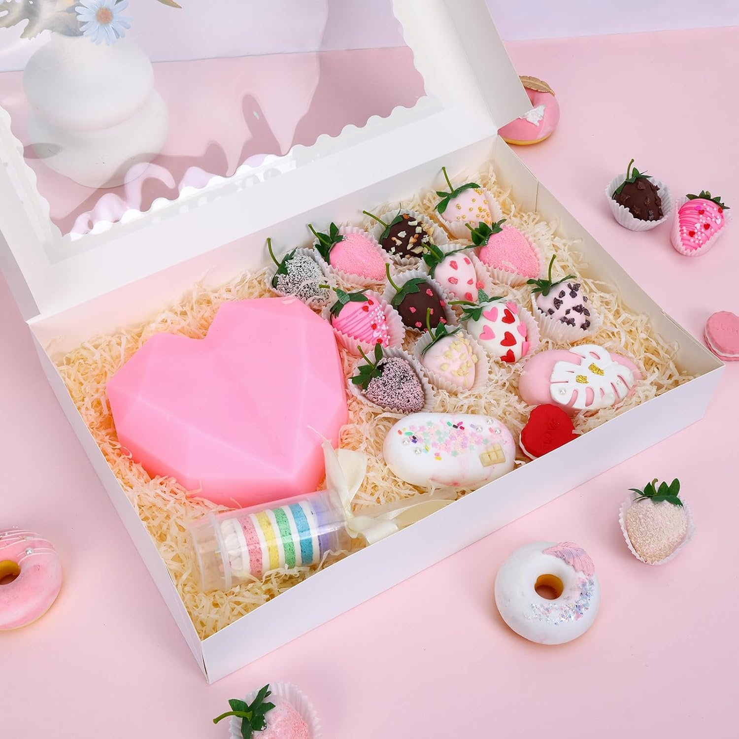 Großhandel 40 Stück große Bäckerei-Boxen 16x11x2,5 Zoll Auto-Popup-Cookie-Boxen mit Fenster für Donuts, Süßigkeiten, Gebäck, Torten, Muffins, mit individuellem Logo erhältlich bei unserem Hersteller.