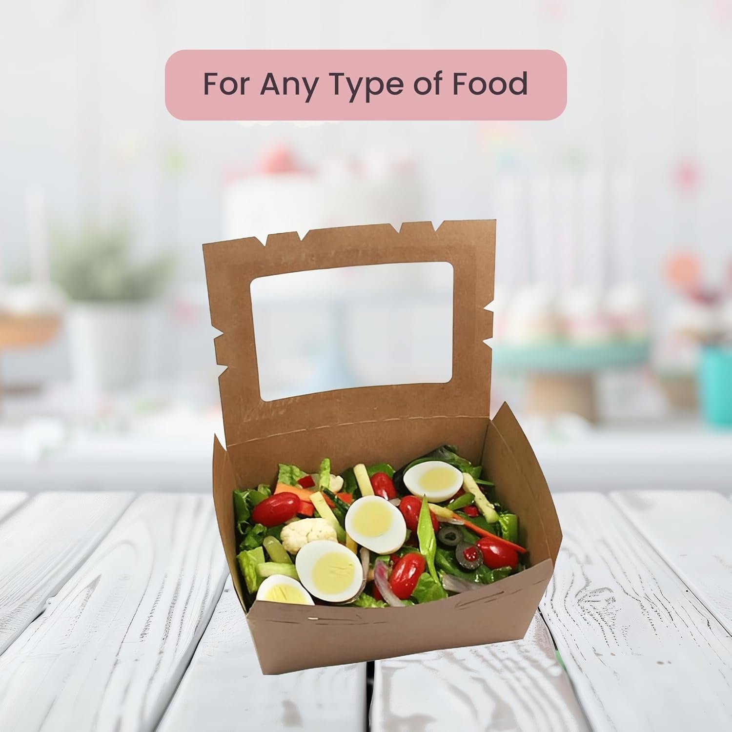 Individuelles Logo für 15 kleine Einweg-Kartonagen mit Fenster, Papierboxen für Bakery, Lunchboxen und To-Go-Lösungen, 7 3⁄4” x 5 1⁄2” x 3 1⁄2“, vom Hersteller erhältlich.