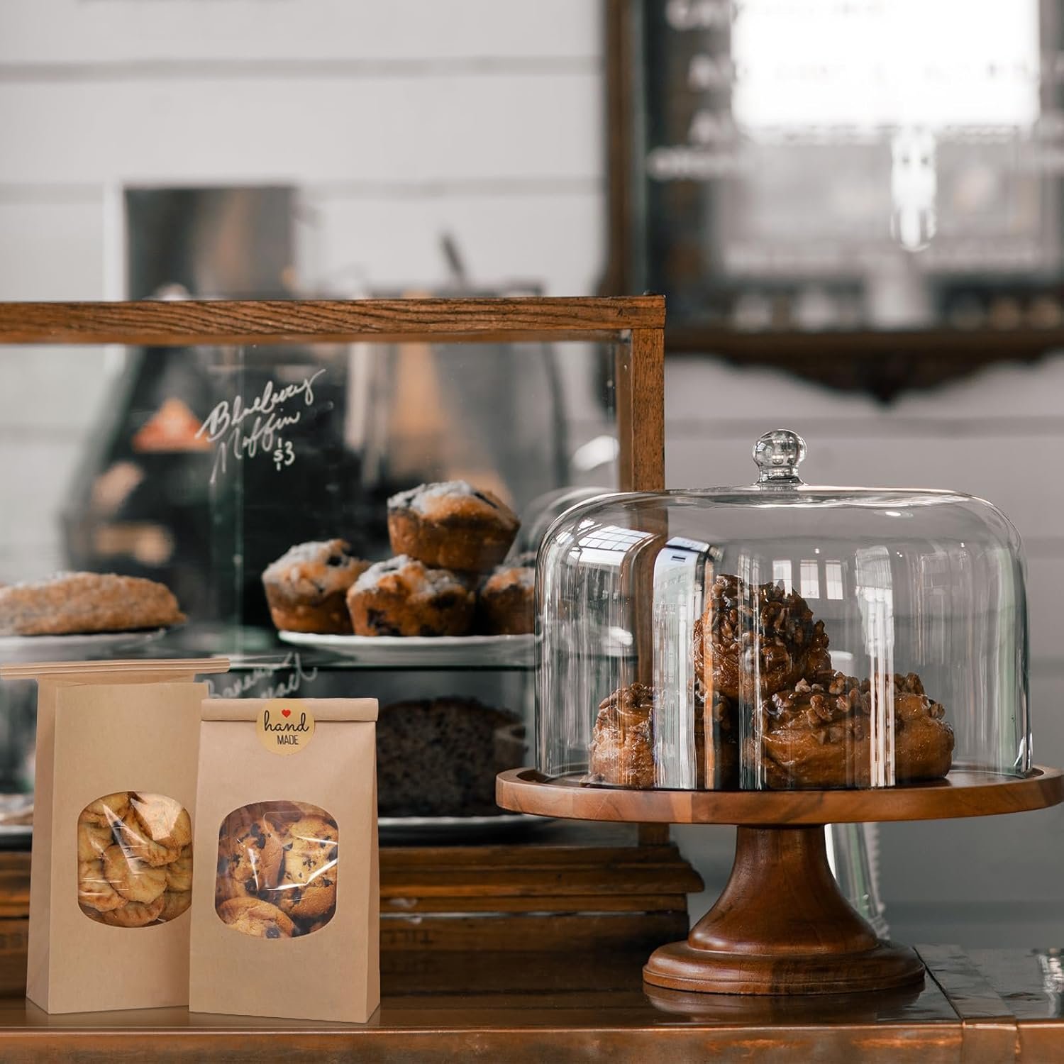 Großhandel 50 Stück Kraftpapierbeutel mit Fenster 3,54x2,36x6,7 für Cookies und Kaffee, inklusive 50 Stück handgemachte Aufkleber, Hersteller von OEM-Taschen mit Tin Tie Verschluss.