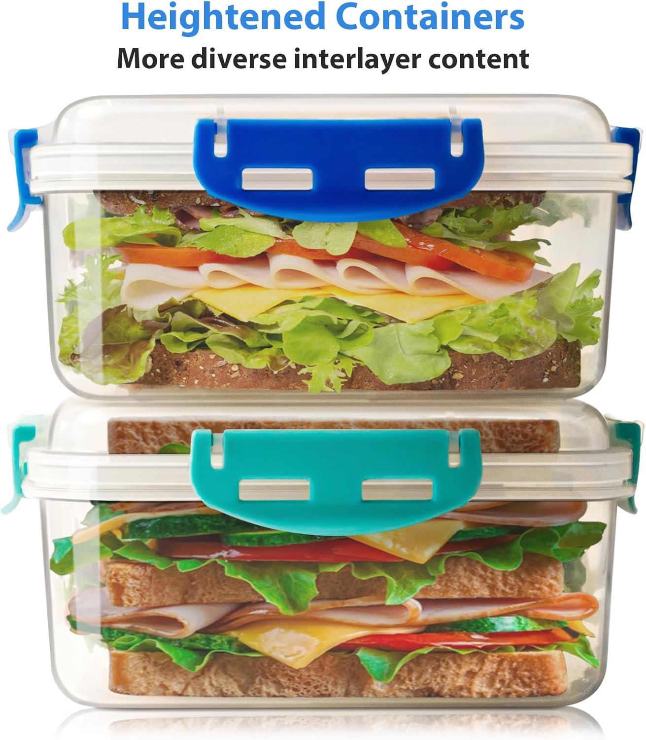 Individuelles Logo Sandwichbehälter 4 Stück - 100% luftdicht, BPA-frei, mikrowellen- und spülmaschinengeeignet mit verbesserten Schnappverschlüssen, 2 erhöhte Behälter für Lunchboxen und 2 normale Versionen vom Hersteller.