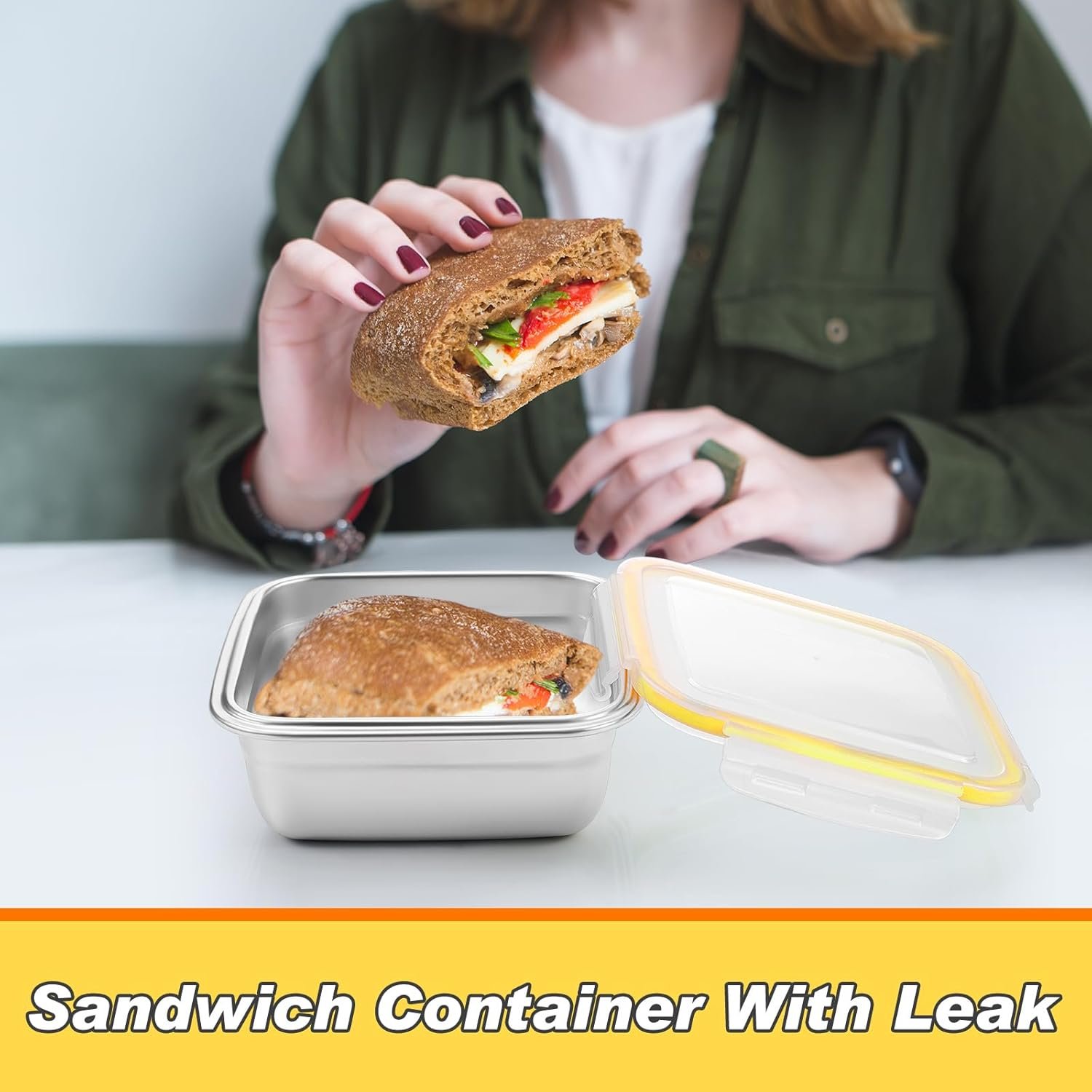 Großhandel Edelstahl-Sandwichbehälter mit Deckeln 25,4 oz, Individuelles Logo für Lunchboxen, Hersteller von luftdichten Silikonversiegelungen für Sandwiches und Snacks (Gelb)