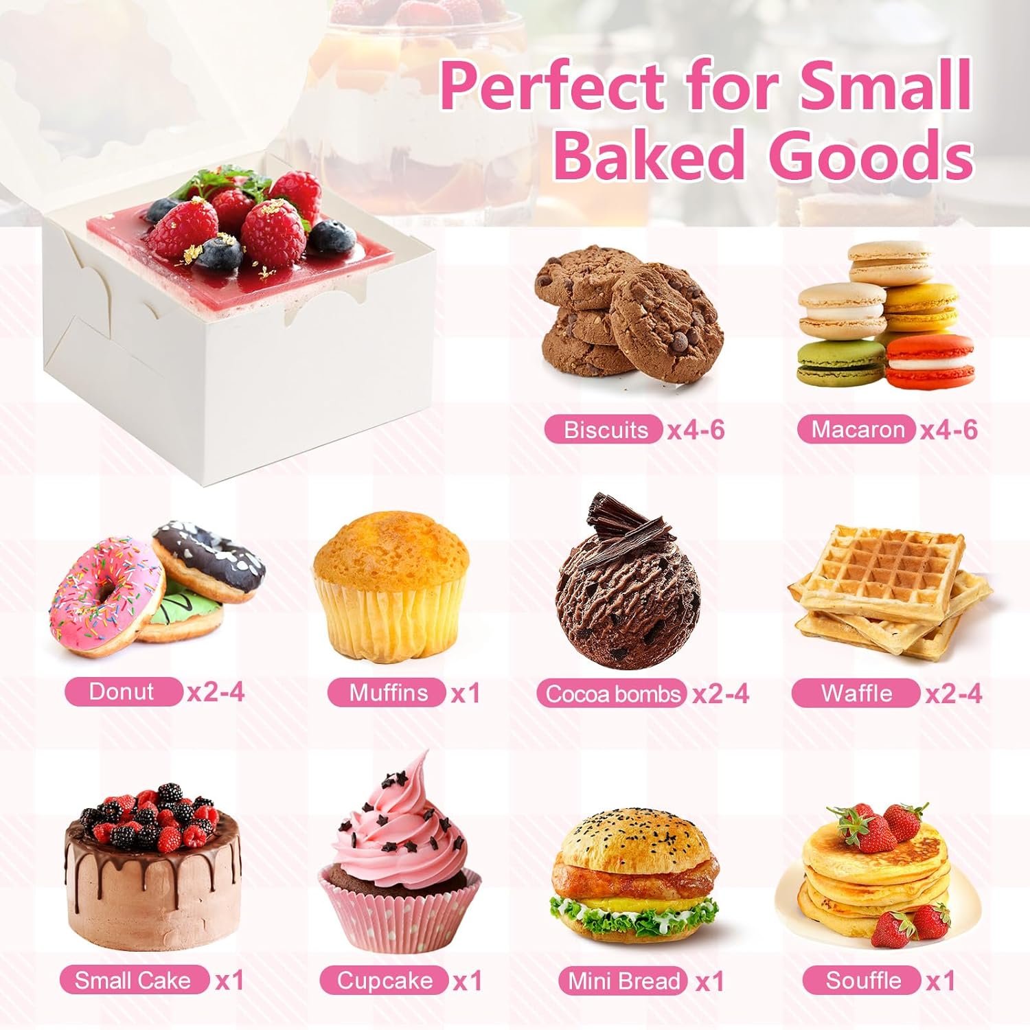 Großhandel 26 Stück weiße Cookie-Boxen mit Fenster, 4x4x2,5 Zoll kleine Bäckerei-Boxen mit 36 Aufklebern, für Mini-Kuchen, Kekse, Desserts, Gebäck, Donuts, Macarons, Erdbeeren, Schokolade, Cupcakes, Süßigkeiten, individuelles Logo. Hersteller von Verpackungslösungen in Großmenge.