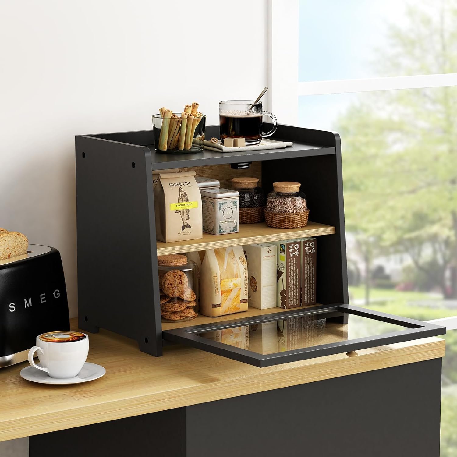 Großhandel großer Brotkasten für die Küchenablage, 2-lagiger Holz-Brotbehälter im Vintage-Farmhouse-Stil für selbstgebackenes Brot, individuelles Logo, Hersteller, ideal für Ecke, Schrank, Vorratsraum (schwarz)