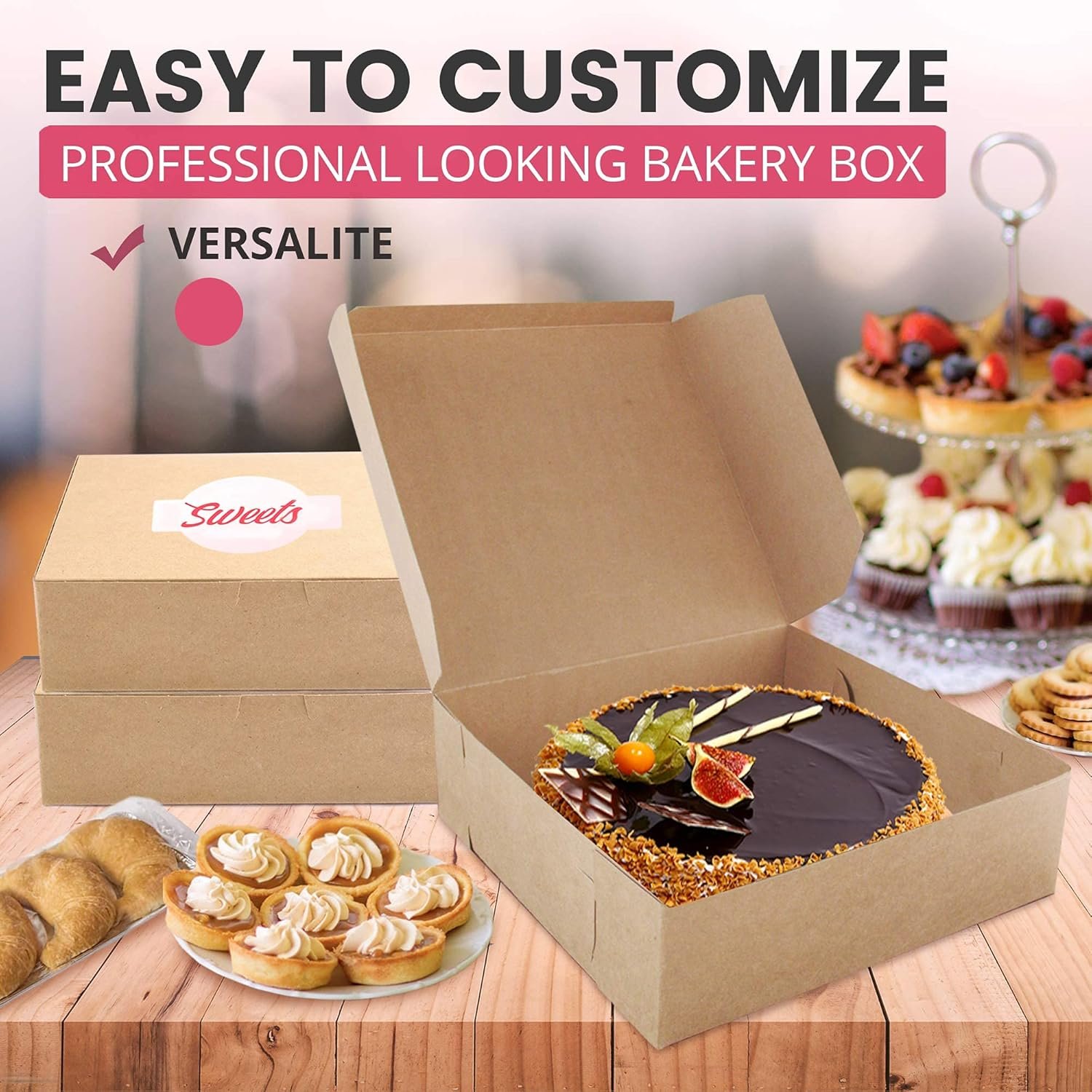 Großhandel Kraft Bakery Boxen 25er Pack, 8 x 8 x 3 Zoll, braune Kartonverpackungen für Patisserie, individuelles Logo, geeignet für Kekse, Cupcakes, Chocolates, Donuts und Macarons. Hersteller für maßgeschneiderte Backwarenverpackungen.