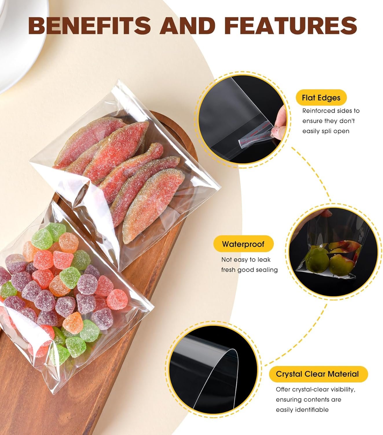 Großhandel 300 Pcs Klarsicht Cookie Bags 4x6 Zoll mit Siegel, Resealbare Cellophanbeutel für individuelle Verpackungen, Hersteller von Selbstklebenden Tüten für Cookies, Süßigkeiten, Geschenke. OEM 3 Mils Einzeln verpackte Tüten.