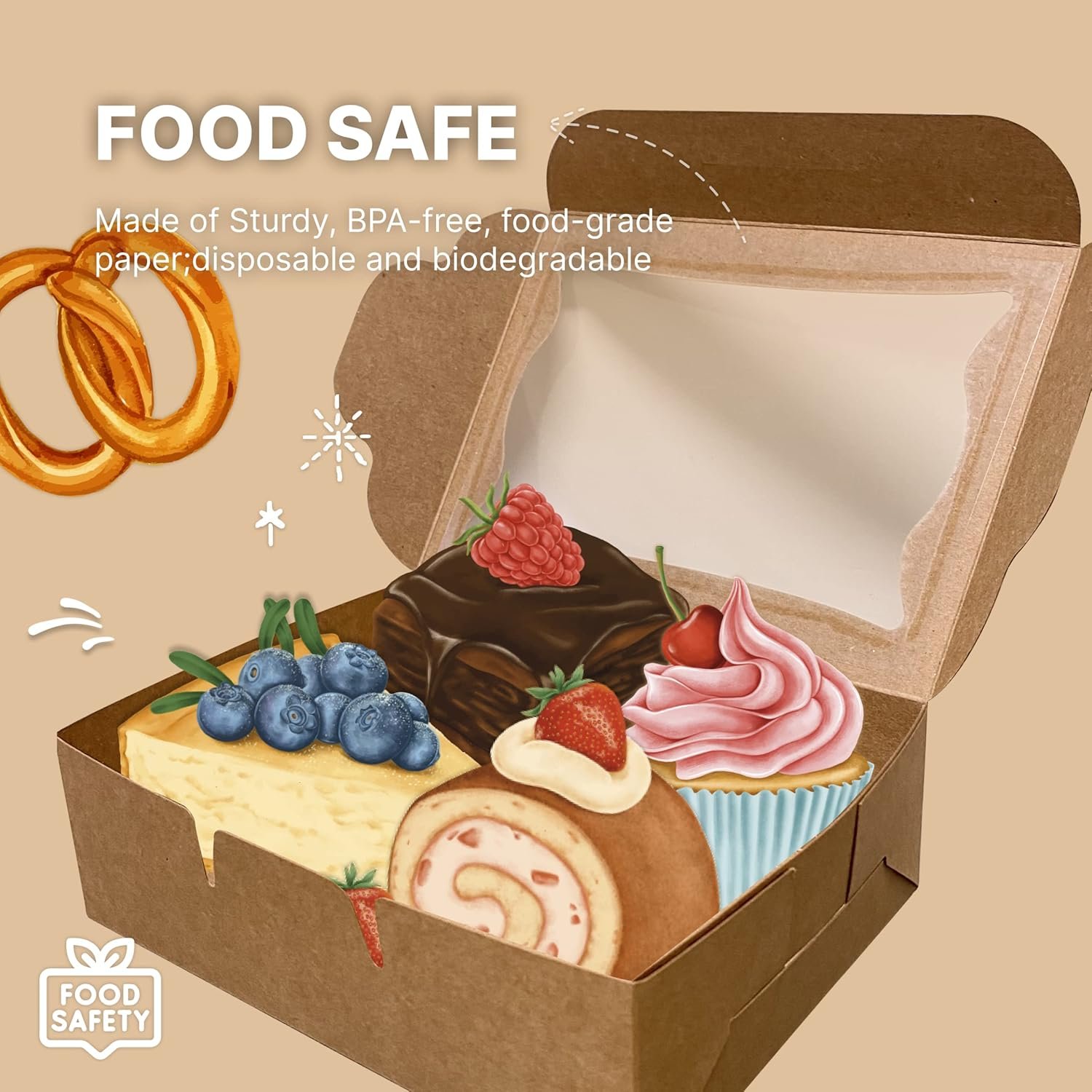 Großhandel Kraftpapier Backboxen - 12er Pack Dessertverpackung mit Fenster für Muffins, Cookies, Schokolade überzogene Erdbeeren und Macarons, 8 x 6 x 2,5 Zoll, individuelles Logo, Hersteller von Einwegverpackungen