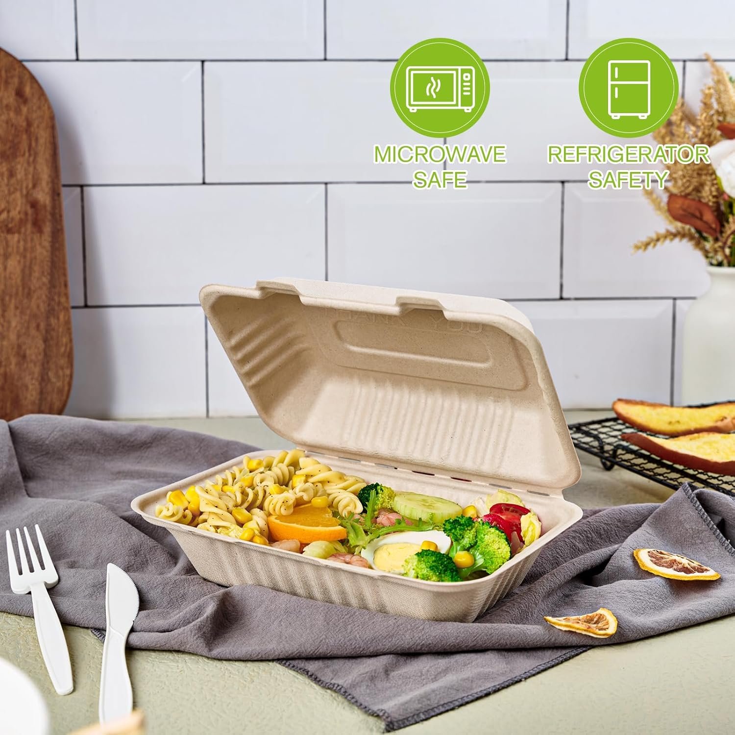 Großhandel 75er Pack Klappschalen für Take-Away, 9x6 Zoll schwere, 100% kompostierbare, umweltfreundliche Mehrwegbehälter, Hersteller von biologisch abbaubaren To-Go-Containern mit individuellem Logo.