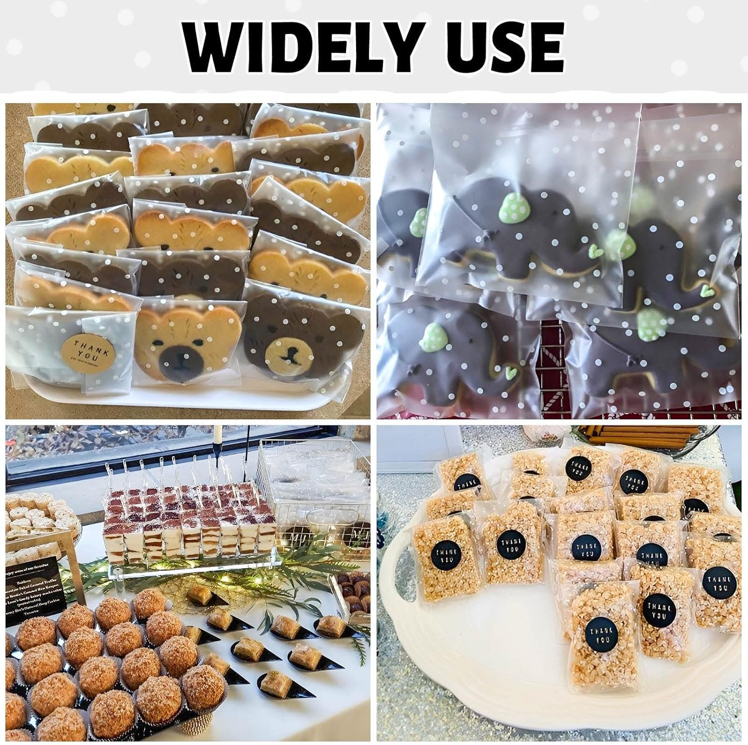 Großhandel 200PACK selbstverschließbare Zellophan-Tüten klar für Geschenke, 4x4 Inch, mit Aufkleber (weiße Punkte) von Qualitätshersteller, individuelles Logo möglich.