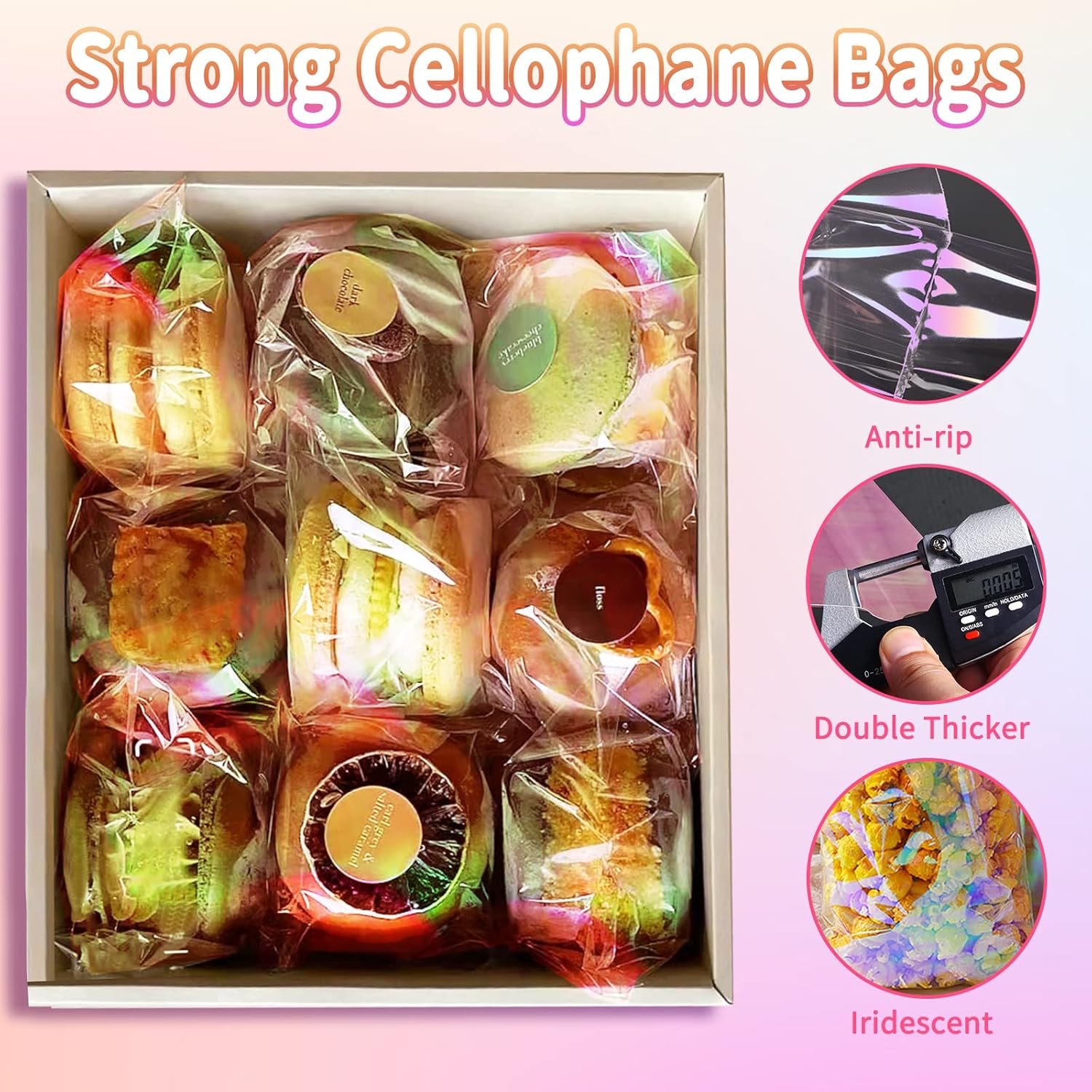 Großhandel 100 Stück 5x6 Zoll irideszente holografische selbstklebende Zellophan-Tüten für Kekse, einzigartiges Logo, Resealable Einzel-Kekstüten für Geschenkverpackungen, Valentinstags Süßigkeitenverpackung, Hersteller und Lieferant von Goodie-Wrappers.