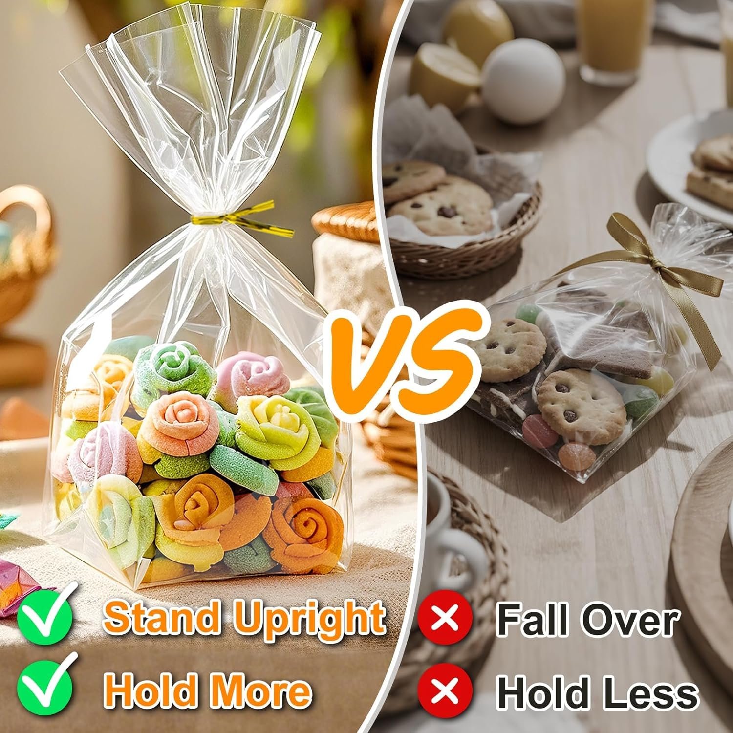 Großhandel Cellophane Treat Bags 6x9 Inch, 50 Pack klare Goodie Bags mit Bodenfalten für Stand-Up Display, kleine Plastiktüten für Cookies, Süßigkeiten, Partygeschenke, Popcorn, individuelles Logo, inklusive 50 goldene Bänder.