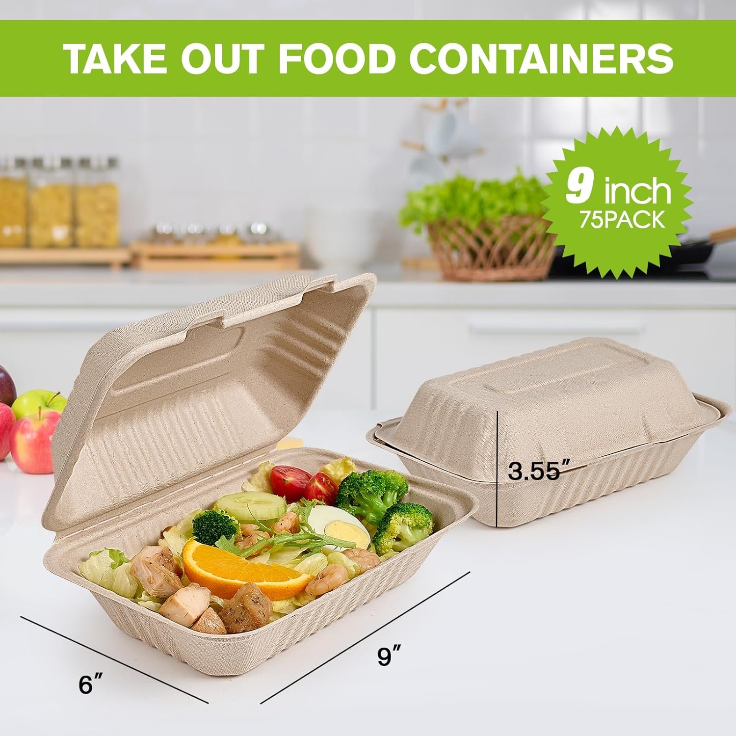 Großhandel 75er Pack Klappschalen für Take-Away, 9x6 Zoll schwere, 100% kompostierbare, umweltfreundliche Mehrwegbehälter, Hersteller von biologisch abbaubaren To-Go-Containern mit individuellem Logo.