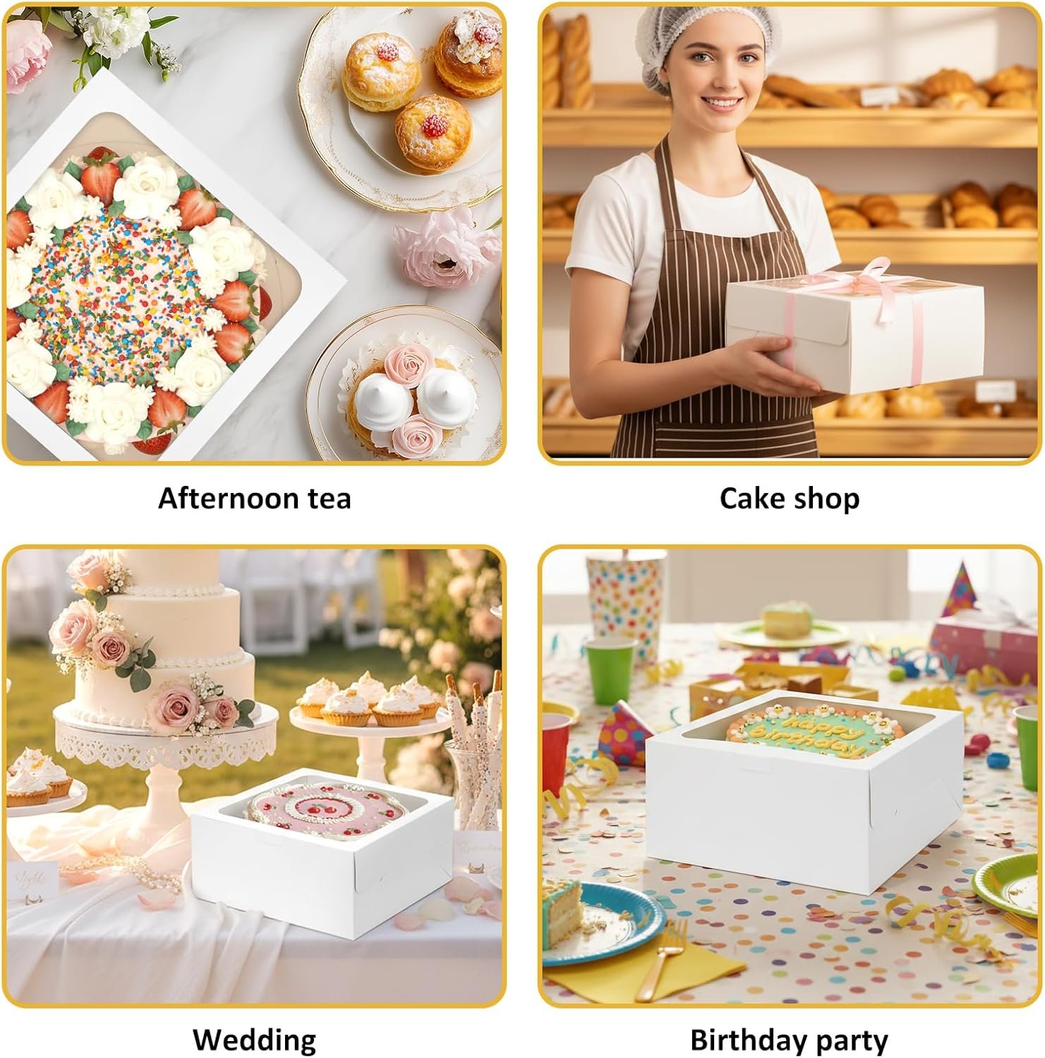 Großhandel Kuchenboxen 10 Zoll 2er Pack mit Brettern, 10x10x5 Zoll, weiße Tragetasche für Backwaren, ideal für OEM und Eigenmarke, disposable Verpackungen für Valentinstag, Muttertag, Kuchen, Cupcakes, Kekse, Torten und Gebäck.