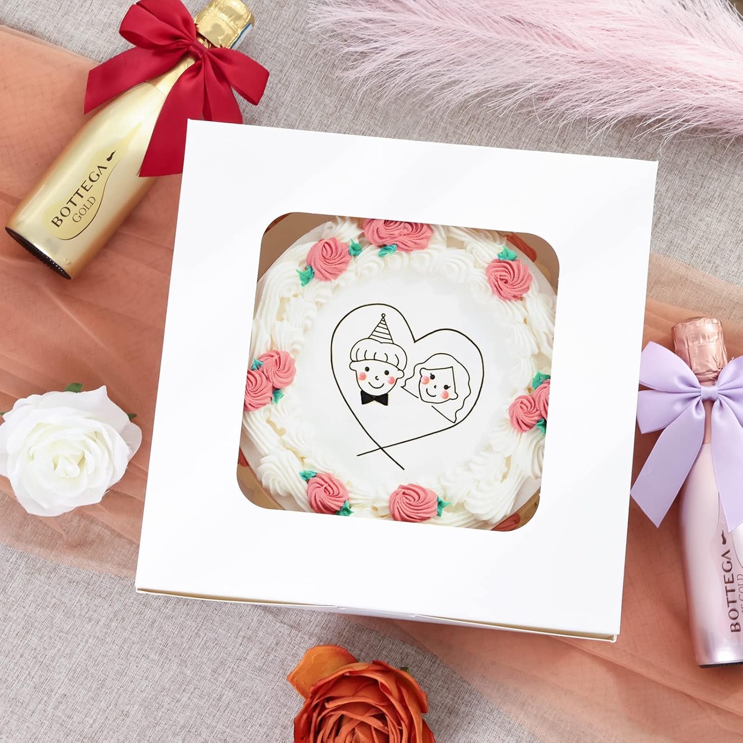 Großhandel 40 Stück Kuchenboxen 10x10x5 Zoll weiße Bäckereiboxen mit Fenster für Valentinstag, Muttertag, Gebäck, Kekse, Torte, Cupcakes, individuelles Logo, OEM Lieferant