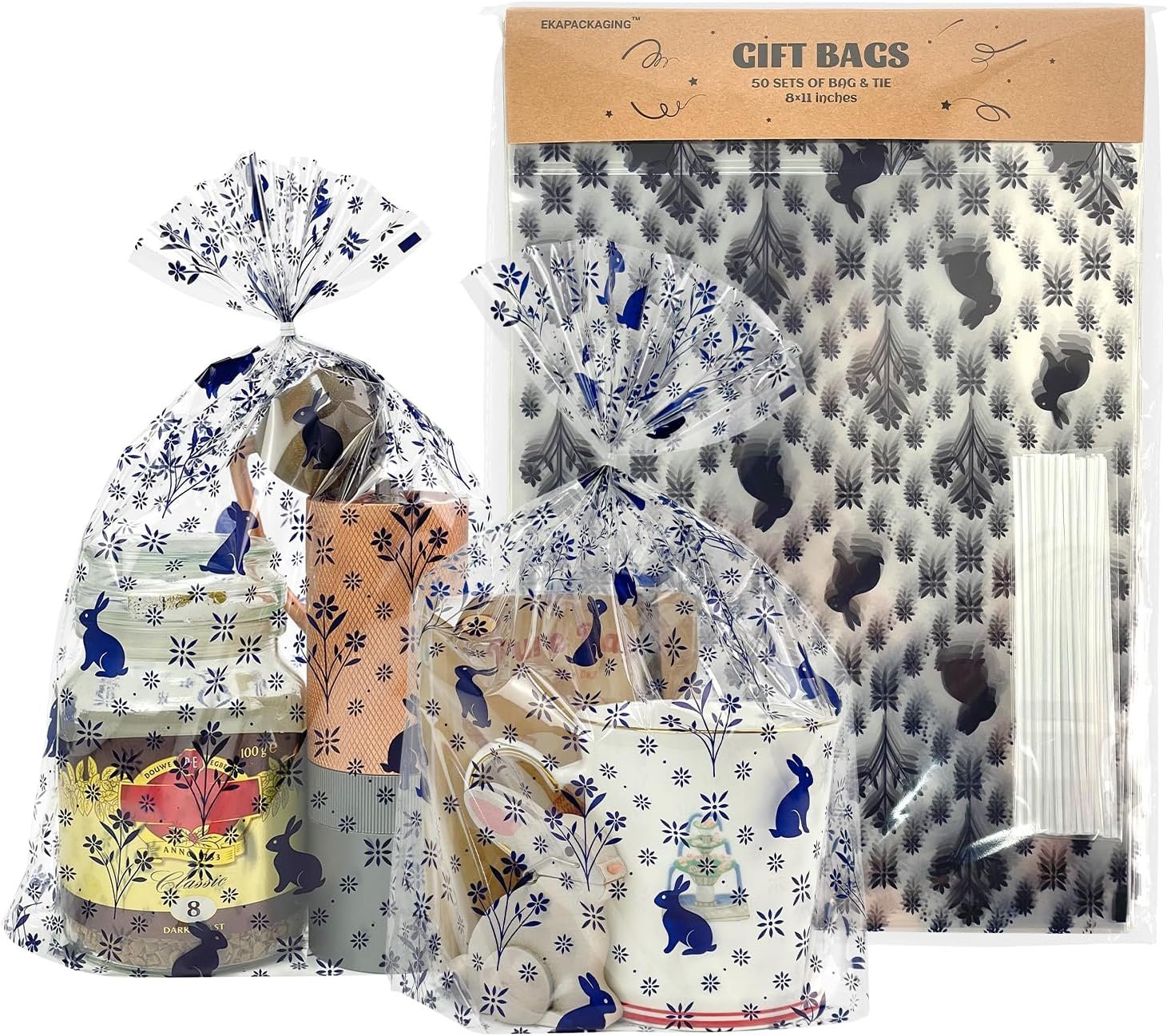 Individuelles Logo, 50 Stück 8x11 Zoll Cellophanbeutel mit breitem Boden, große Osterhasen-Bodenbeutel, Stehende Ostergeschenkbeutel mit Drehbändern für Eiersuche, Kirchenveranstaltungen, Partyartikel von einem Hersteller.