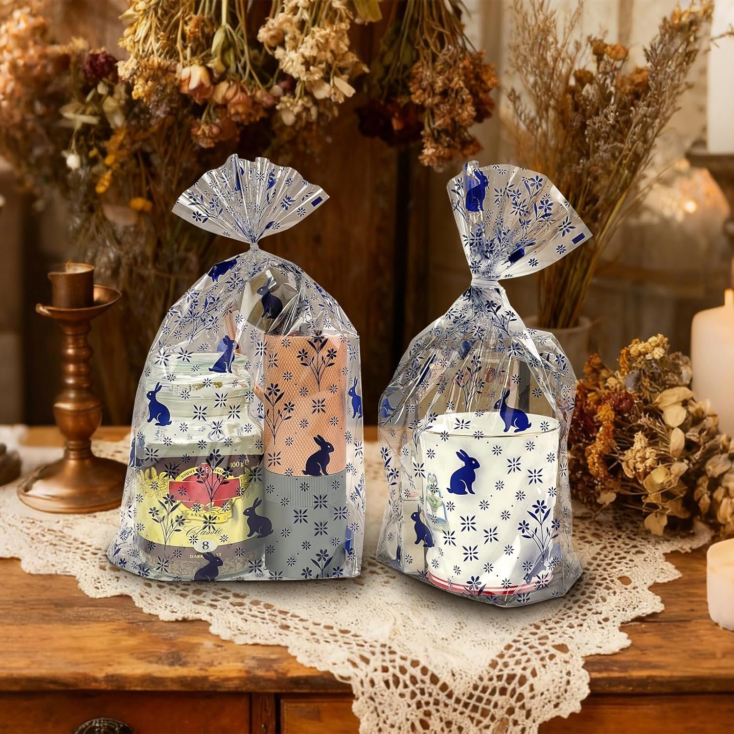 Individuelles Logo, 50 Stück 8x11 Zoll Cellophanbeutel mit breitem Boden, große Osterhasen-Bodenbeutel, Stehende Ostergeschenkbeutel mit Drehbändern für Eiersuche, Kirchenveranstaltungen, Partyartikel von einem Hersteller.