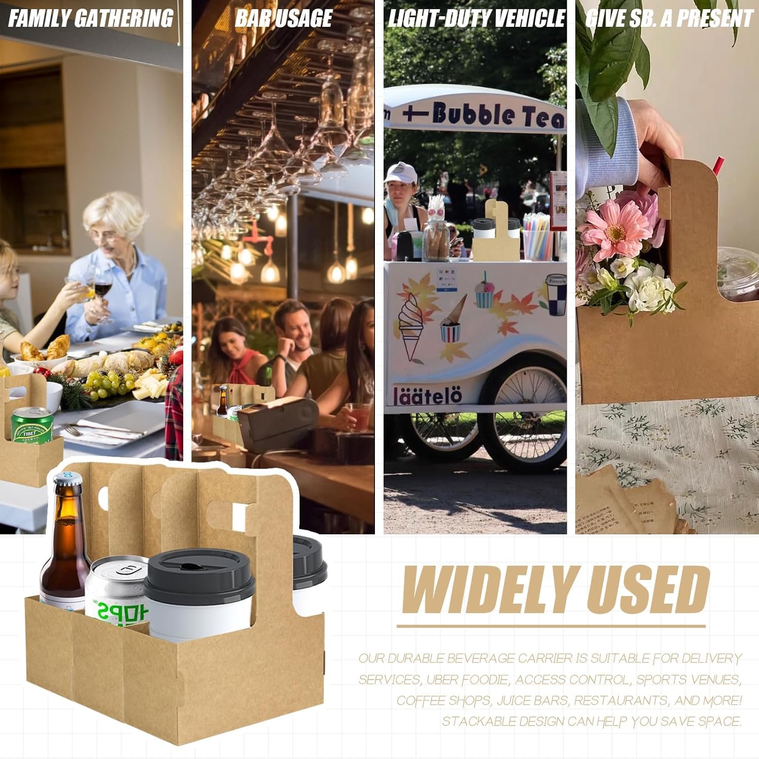 Großhandel 2er Einweg-Getränke-Träger mit Griff für die Lieferung, 15 Stück Kraftpapierbecherhalter für heiße oder kalte Getränke, Food Delivery, OEM Cup-Carriers (Braun)