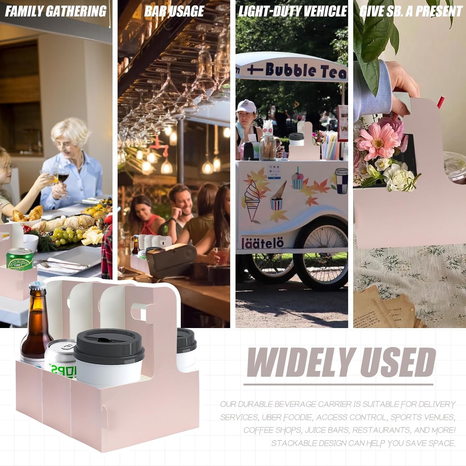 Großhandel 2 Cup Disposable Drink Carrier mit Griff 15 Stück, Papierbecherträger in Pink, Hersteller von praktikablen Cup-Carriern für heiße oder kalte Getränke, OEM für Food Delivery und Take Out Cup Carriers.