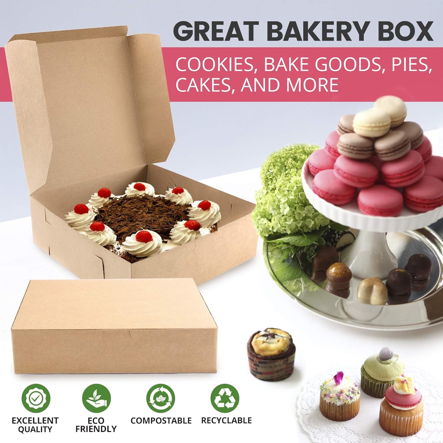 Großhandel Kraft Bakery Boxen 25er Pack, 8 x 8 x 3 Zoll, braune Kartonverpackungen für Patisserie, individuelles Logo, geeignet für Kekse, Cupcakes, Chocolates, Donuts und Macarons. Hersteller für maßgeschneiderte Backwarenverpackungen.