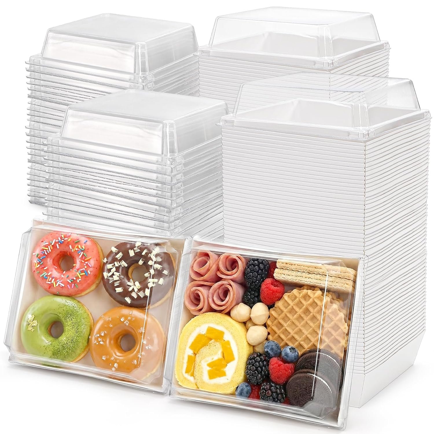 Großhandel Set aus 100 Sandwich-Boxen, 5" quadratische Dessert- und Kuchenboxen in Weiß, für individuelle Logos, als OEM geeignet, Lebensmittelsicher für Swiss Roll, Hamburger, Pasta, Salat und Kekse.