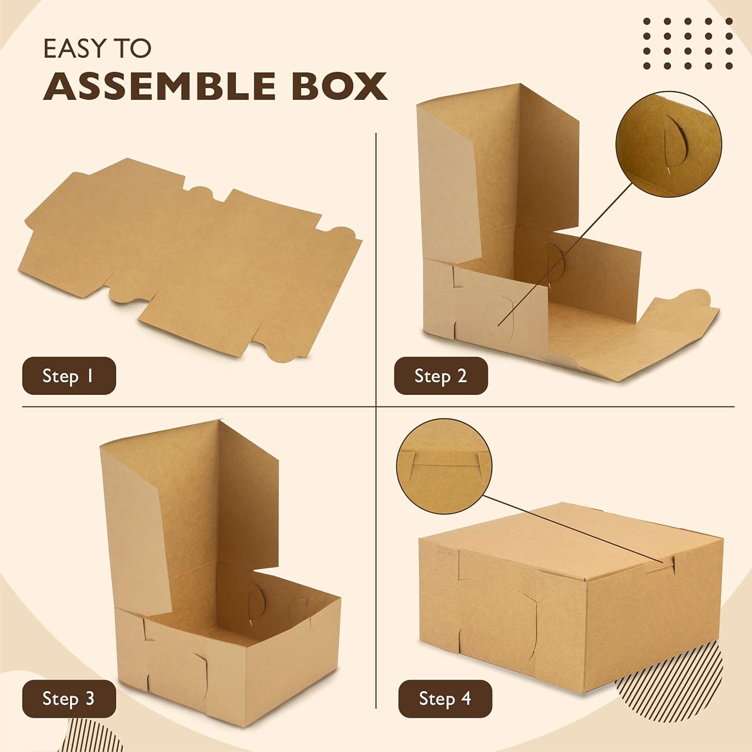 Großhandel Kraft Bakery Boxen 25er Pack, 8 x 8 x 3 Zoll, braune Kartonverpackungen für Patisserie, individuelles Logo, geeignet für Kekse, Cupcakes, Chocolates, Donuts und Macarons. Hersteller für maßgeschneiderte Backwarenverpackungen.