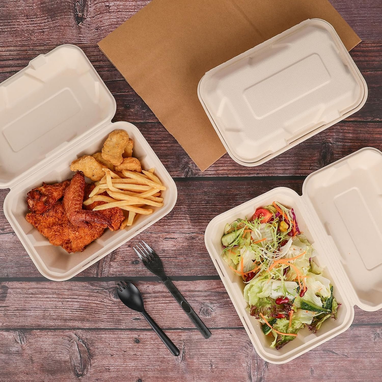 Großhandel 100 Stück kompostierbare 9x6 Zoll Takeout-Lunchboxen mit Deckel, Klappcontainer für Speisen, PFAS-frei, biologisch abbaubar aus Bagasse, individuell bedruckbar, vom Hersteller.
