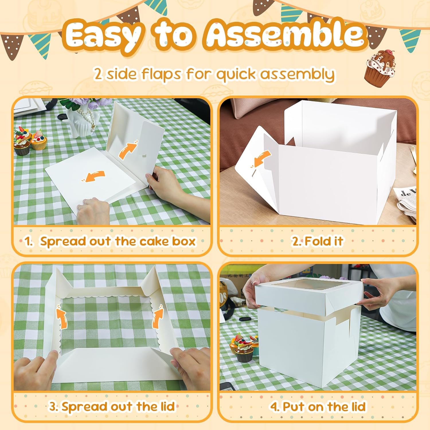 Individuelles Logo für 3er-Pack Kuchenboxen, 10x10x8 Zoll hohe Boxen mit Fenster, weiße Kuchenboxen mit Backblechen, quadratische Bäckereibox, ideal für Kuchen, Kekse, Desserts, Gebäck, Geburtstagsfeiern, Muttertag, Hochzeiten - Hersteller für hochwertige Verpackungen.