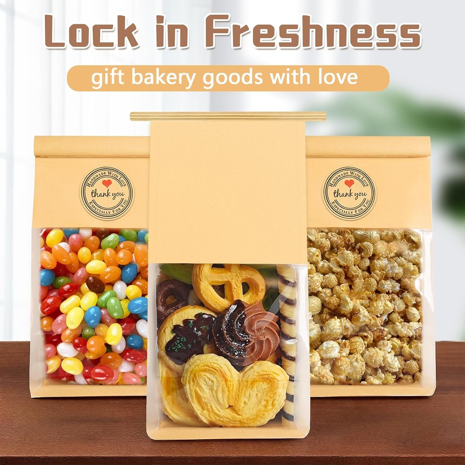 Großhandel 50 Pack Doypack Cookie Tüten mit Fenster 8,2x3,9x3,1 Zoll, resealable Backwaren-Taschen mit Zeltverschluss für Muffins, Granola, Süßigkeiten, Scones, Brownies, Individuelles Logo und 50 Dankeskarten enthalten, Hersteller für Papierverpackungen.