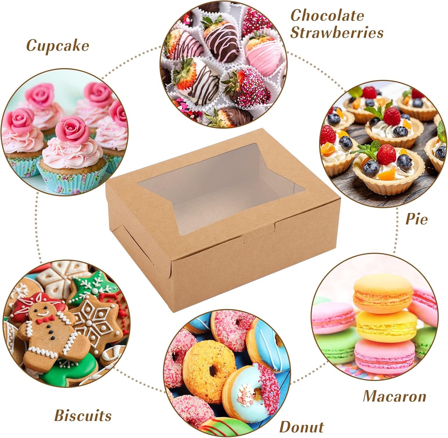Großhandel 32 Stück Kuchenboxen, 8x6x2,5 cm Backboxen mit Fenster in 3 Stilen für Schokolade, Erdbeeren, Desserts, Donuts, Cupcakes und Muffins, individuell mit Logo, vom Hersteller in Bulk.