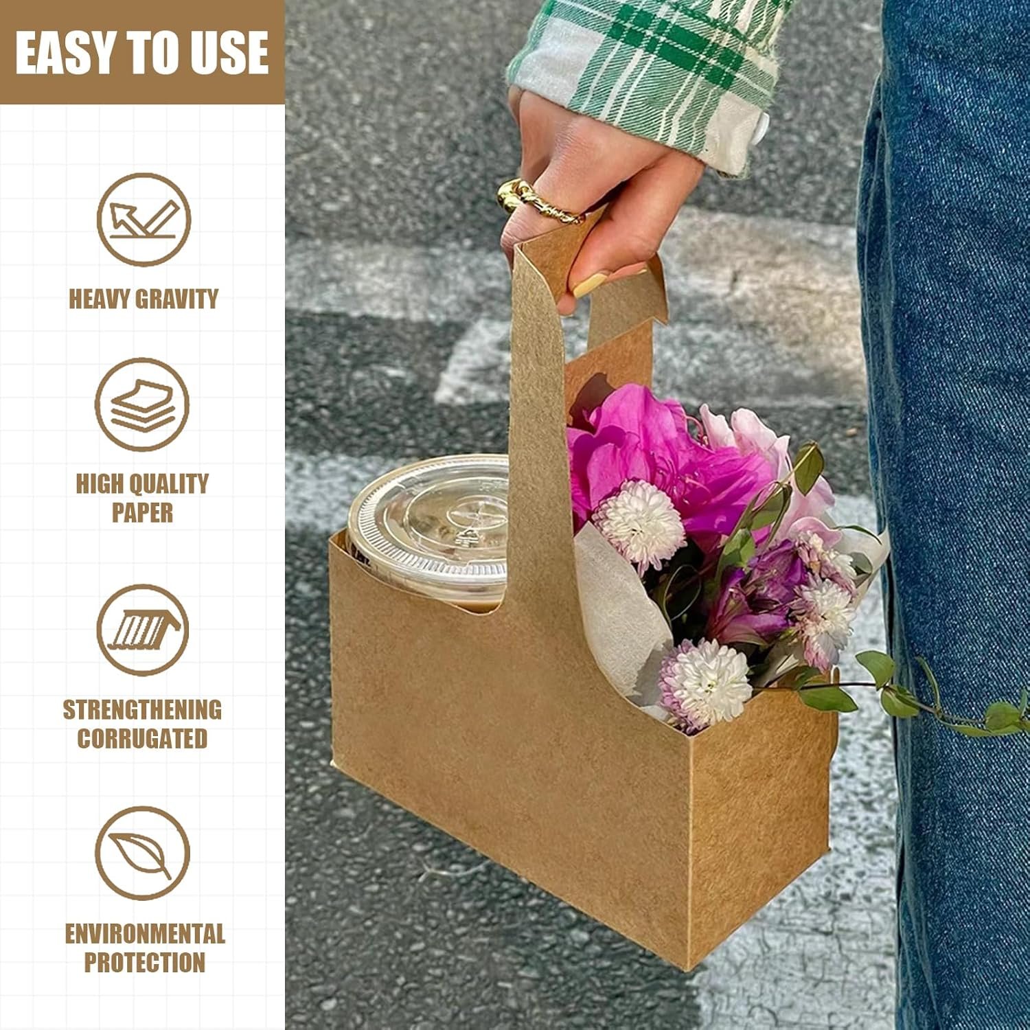 Großhandel 2er Einweg-Getränke-Träger mit Griff für die Lieferung, 15 Stück Kraftpapierbecherhalter für heiße oder kalte Getränke, Food Delivery, OEM Cup-Carriers (Braun)